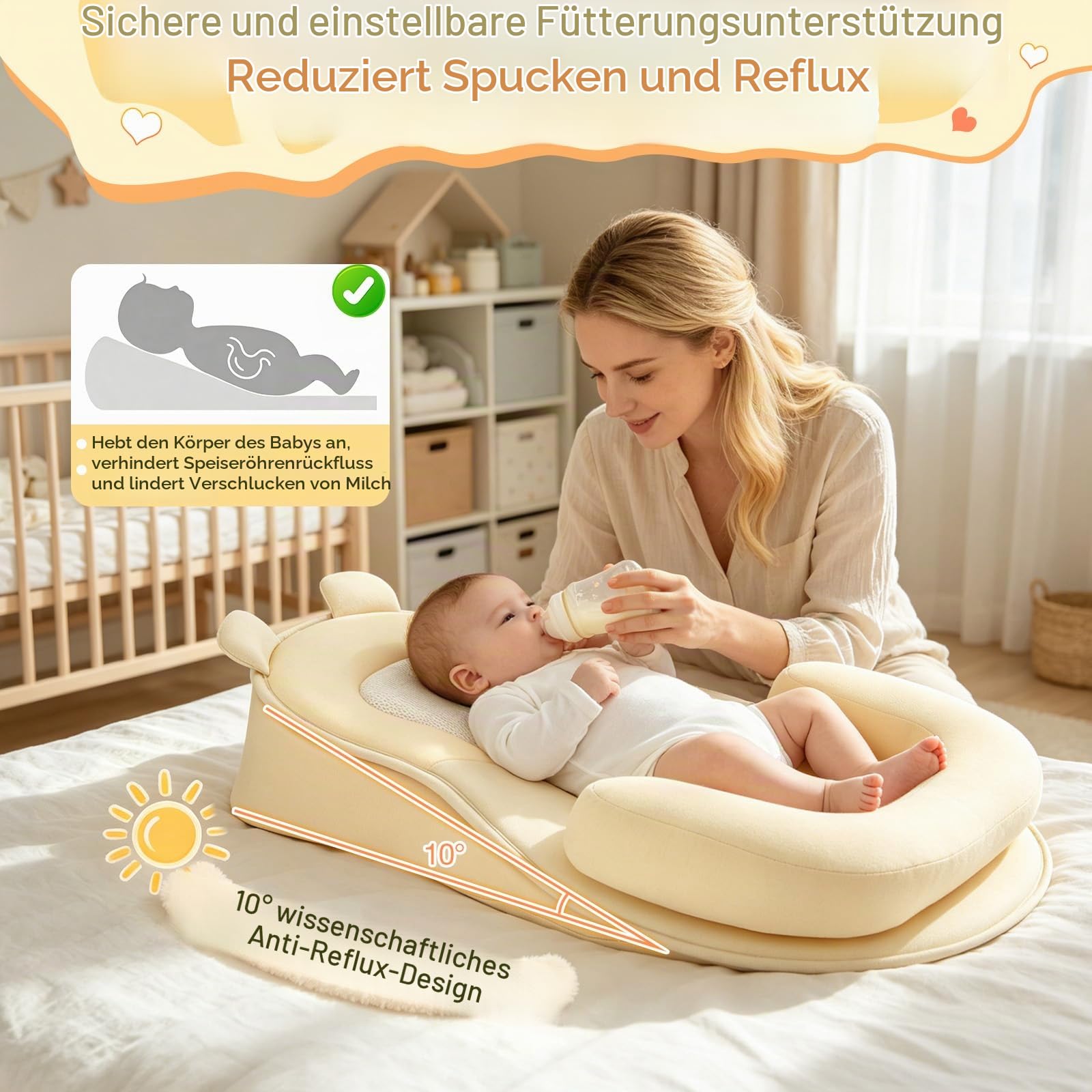 Stillkissen Stillkissenbezug, Stillkissen Anti-Reflux & Spuckschutz, Abnehmbares Kissen für die Flaschenfütterung mit verstellbarem Gurt, für Neugeborene von 0 bis 12 Monaten