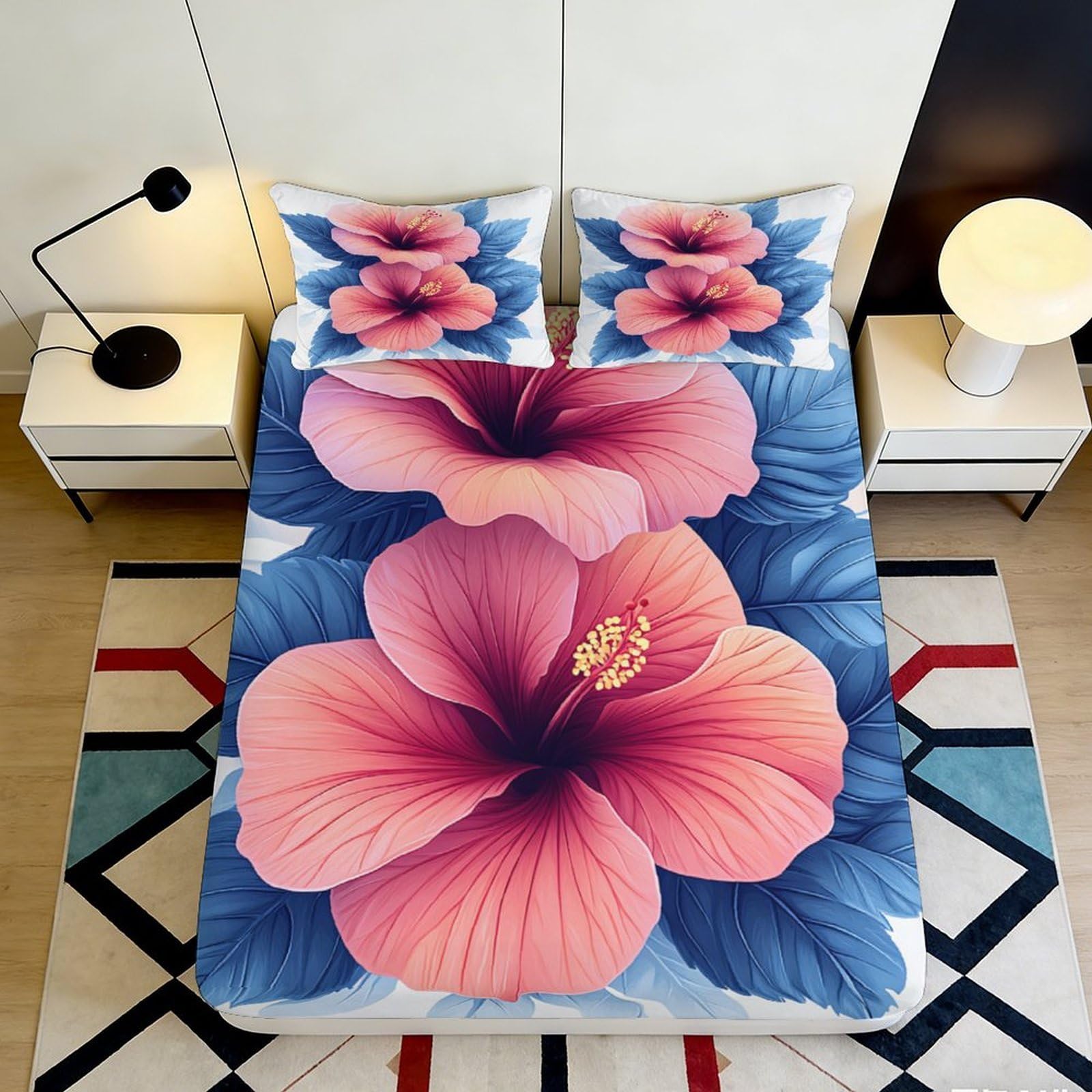 Dhbaneiok Style-8 3D Printed Pink Hibiscus Flower Fitted Sheet Microfiber Soft Bedroom Decor Blue Petal Bed Cover Machine Washable 90X200x25cm
