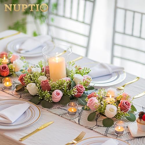 Miniatura 2 de NUPTIO Anillos de vela de flores artificiales 2 piezas de 14 pulgadas de diámetro grandes rosas polvorientas y rosas falsas blancas coronas de boda