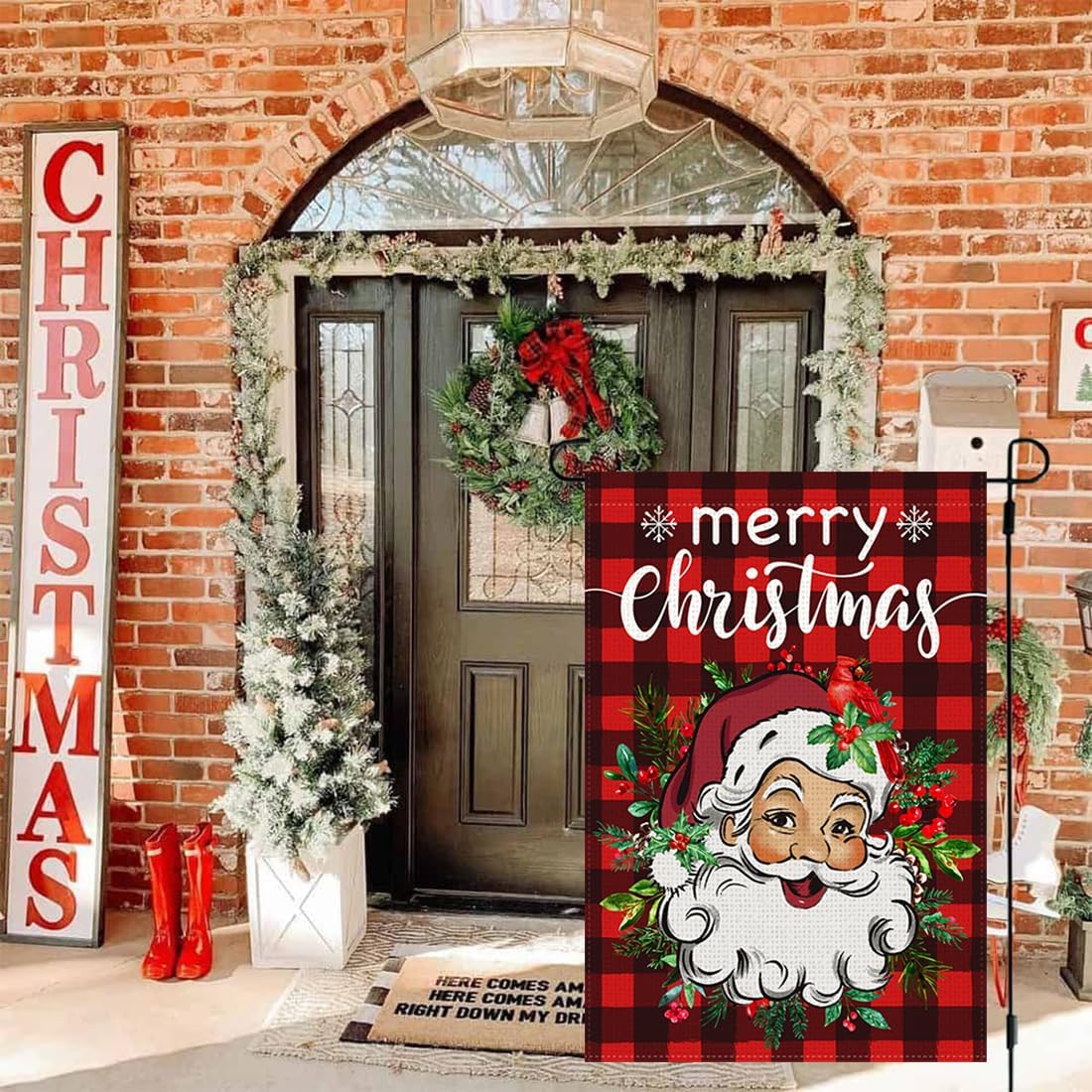 Doncida Merry Christmas Garden Flag 12x18 Inch Double Sided Burlap Santa Claus Red Buffalo Plaid Wreath Small Holiday Winter Xmas Yard Flag for Outside Decoration - Image 6