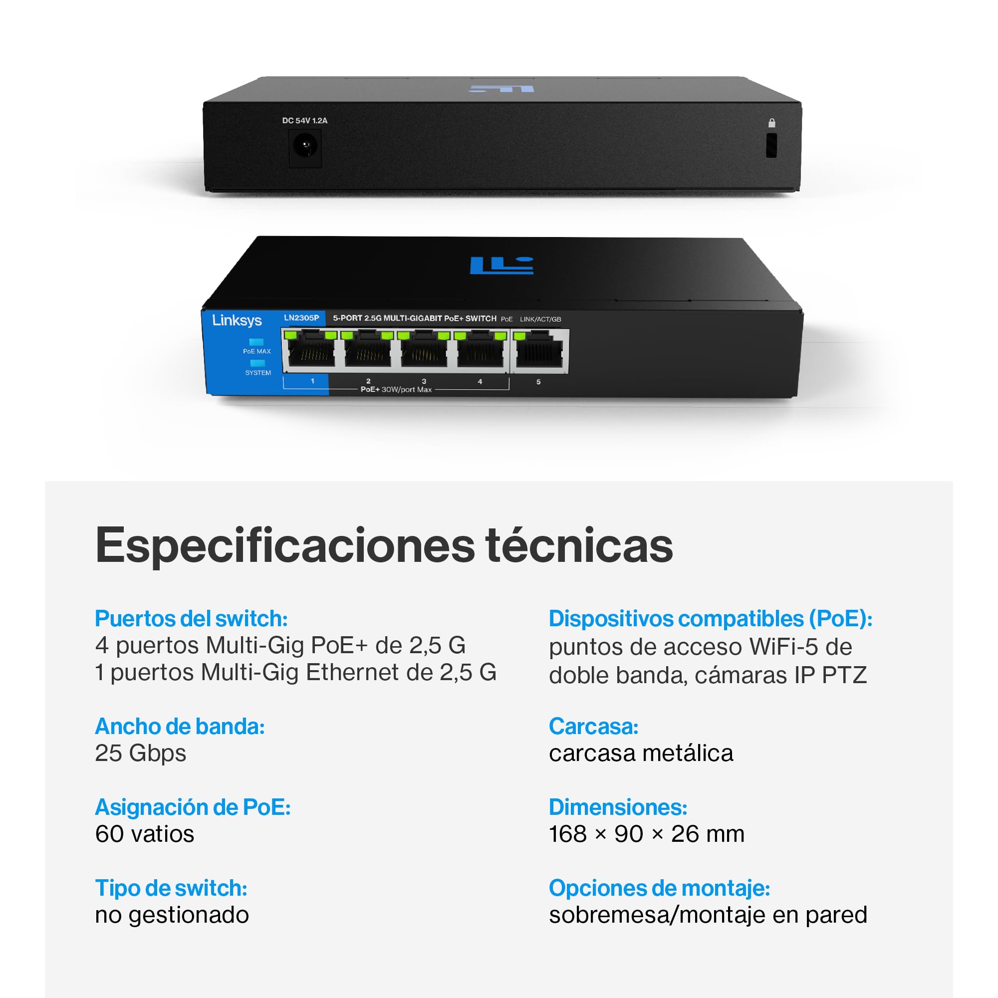 Switch PoE+ multigigabit Linksys no administrado de 5 Puertos y 2,5 G | Ethernet bajo Consumo | Control dúplex Completo | Oficinas pequeñas y domésticas | Sin Ventilador y metálico | PoE+ de 60 W