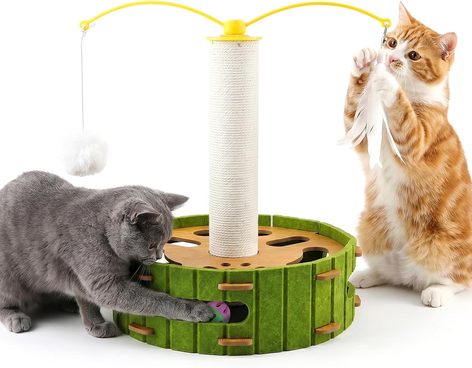 Cat Puzzle Box with Sisal Post, Cat Nail File Scratcher | Rotating Feather Teaser, 4 Bell Balls, 2 Sandpaper Sheets, Suction Cup Base for Ease Kitty Stress & Boredom