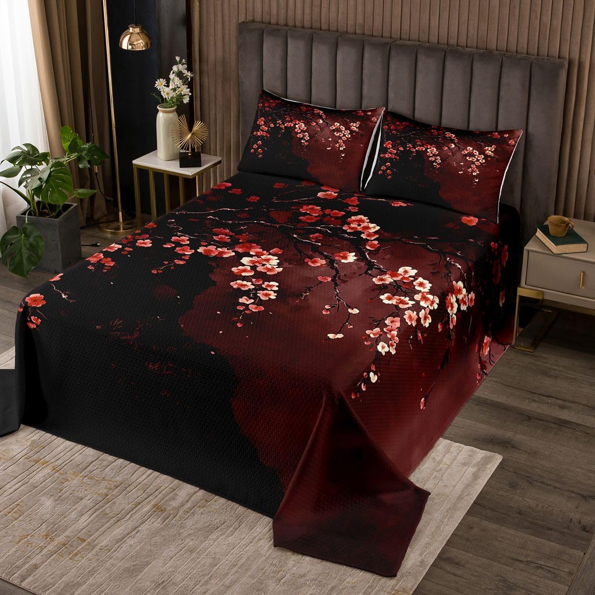 Castle Fairy Japanese Style Quilt Set for Kids Boys Girls,Oriental Cherry Blossom Bedspread,Sakura Branches Bed Cover Dark Red Bedding Set Decorative Quilted Coverlet,Queen Size