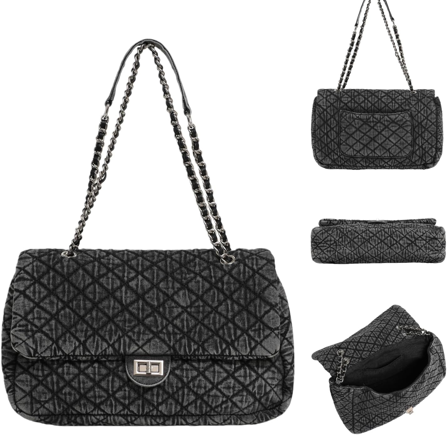 Quilted Denim Purse for Women, Large Capacity Vintage College Style Shoulder Bag Denim Tote Bag, Chain Crossbody Bag