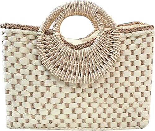 QZUnique Bolsa de paja tejida a mano para mujer para verano playa bolso de mano retro de ratán bolsa de viaje con asa superior redonda de madera