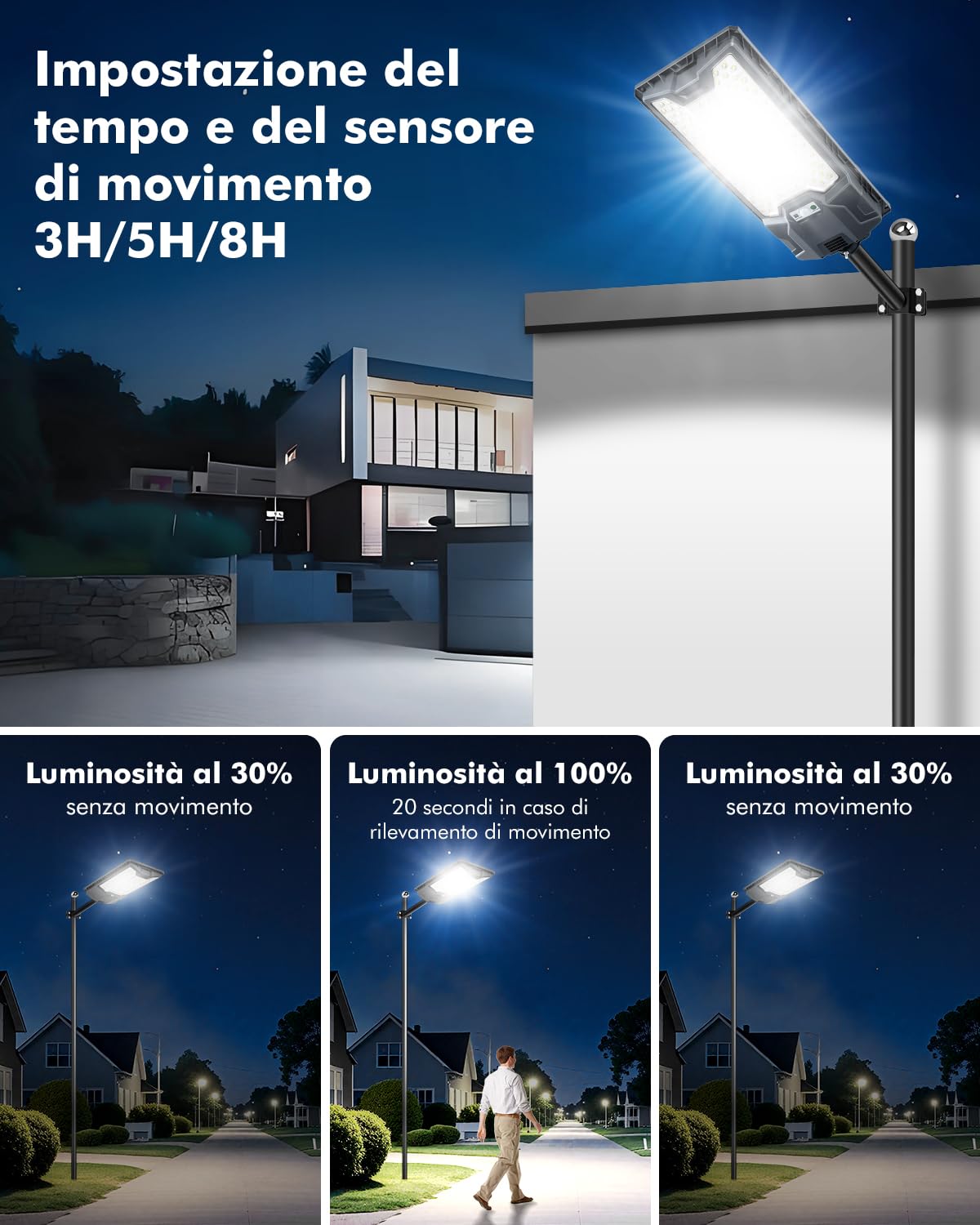 Sararoom Lampione Solare da Esterno 600W, Faro Led con Sensore di Movimento, 6500K Luce Stradale, IP65 Impermeabile Luci di sicurezza con Pannello Solari per Giardino,Strada,Garage,Parcheggio,Cortile