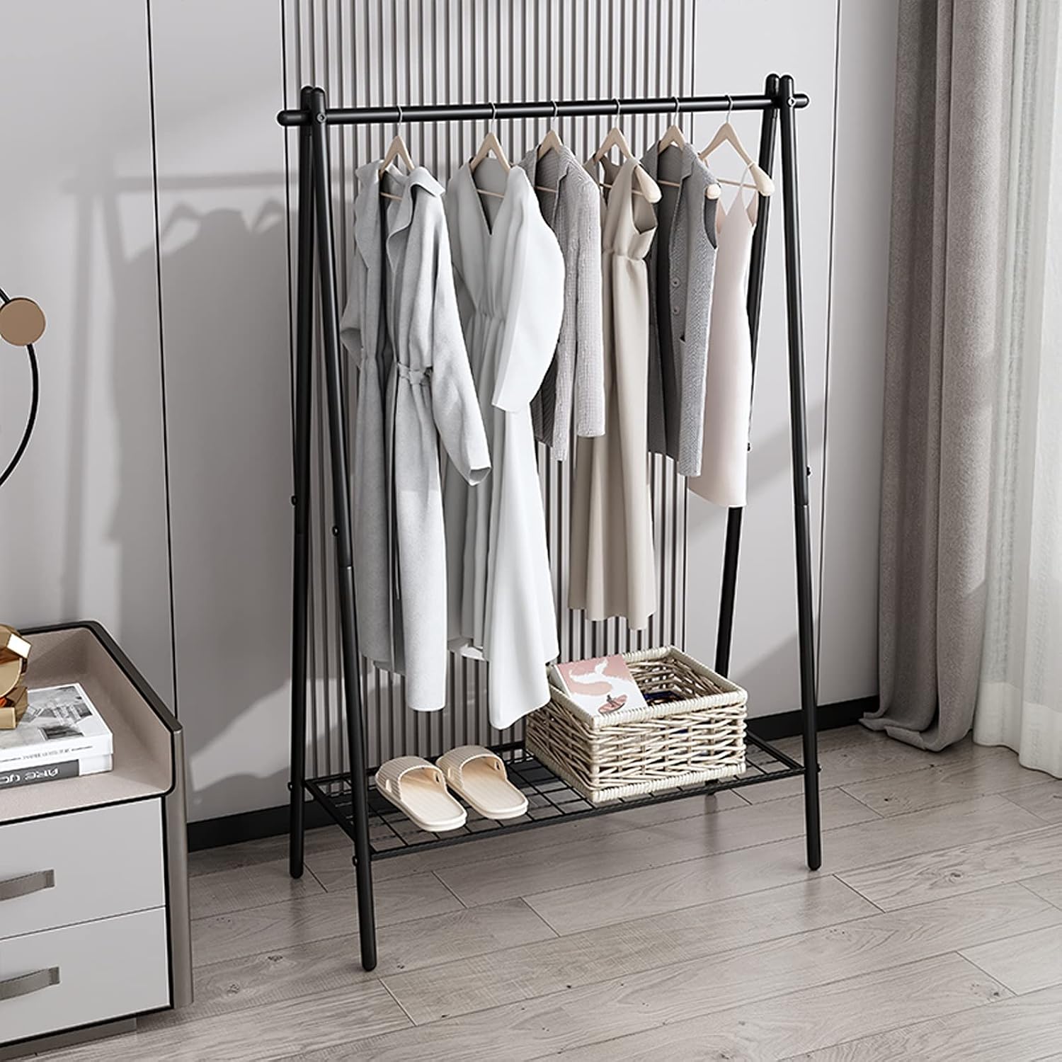 Clothes Rail with Bottom Storage Shelf, Modern Clothes Rack Creative Garment Display Stand for Bedroom, 150kg Load Capacity (Black image 3