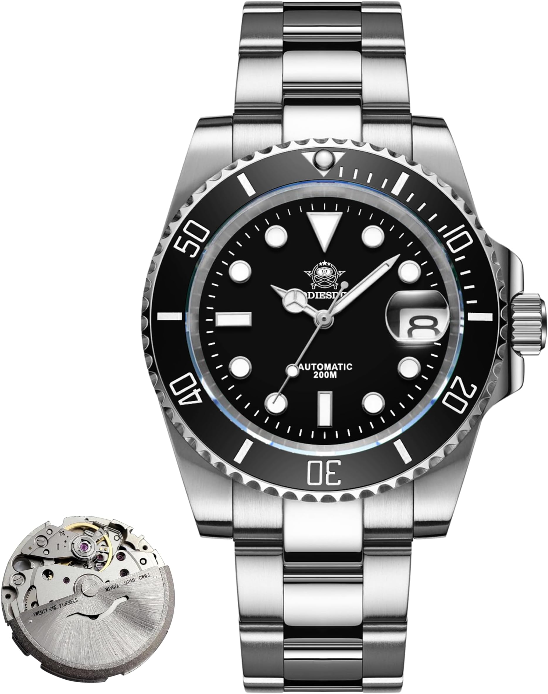 ADDIESDIVE Automatic Watch for Men Waterproof Diver 200 M Date Display Analog Steel Band Japan Mechanical Movement Mens Dive Watch