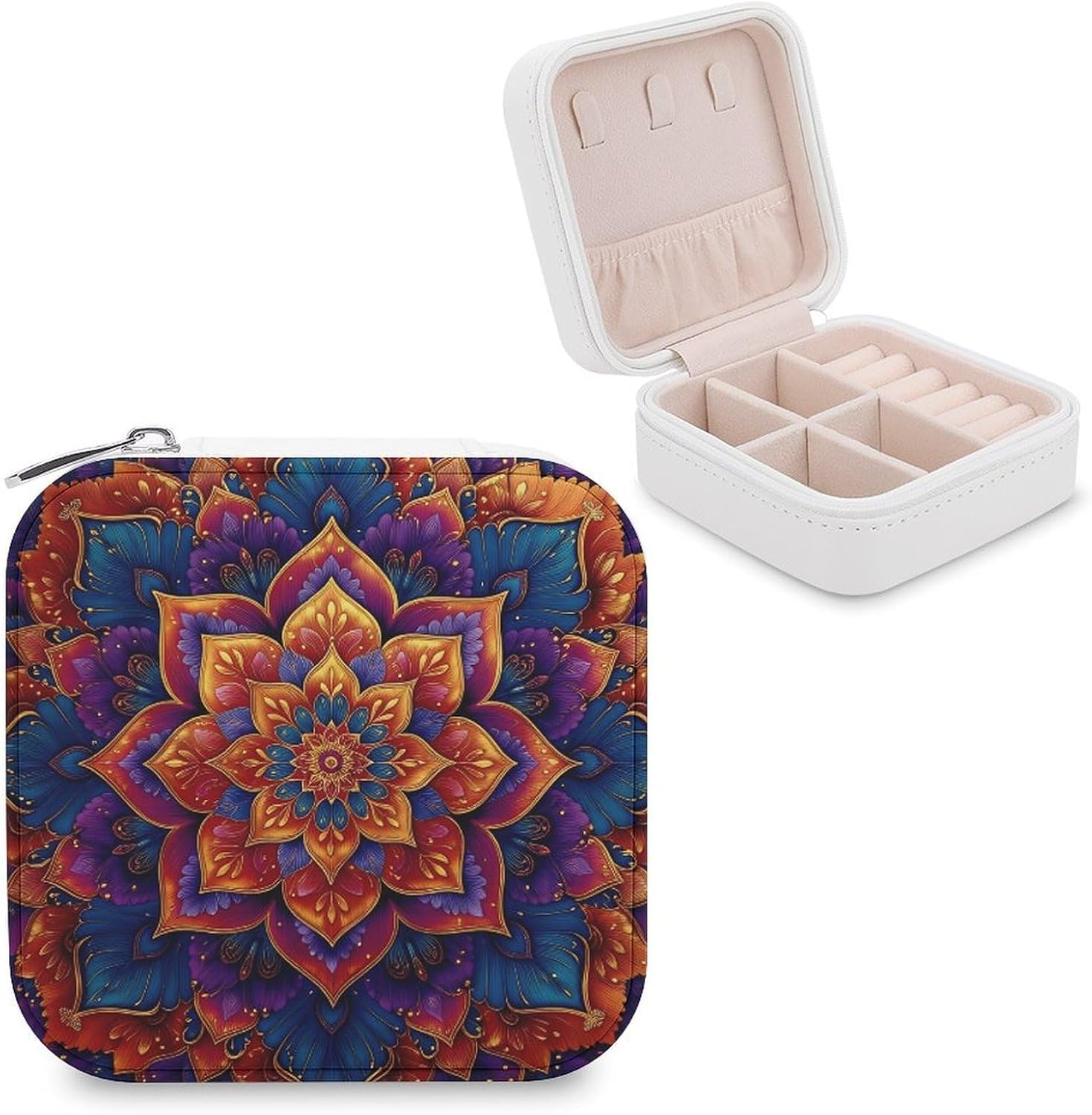 Colorful Floral Mandala Boho Travel Jewelry Organizer Box for Women, Compact PU Leather Jewelry Case with Zipper Closure, Portable Jewelry Storage Box with Ring Earring Holder