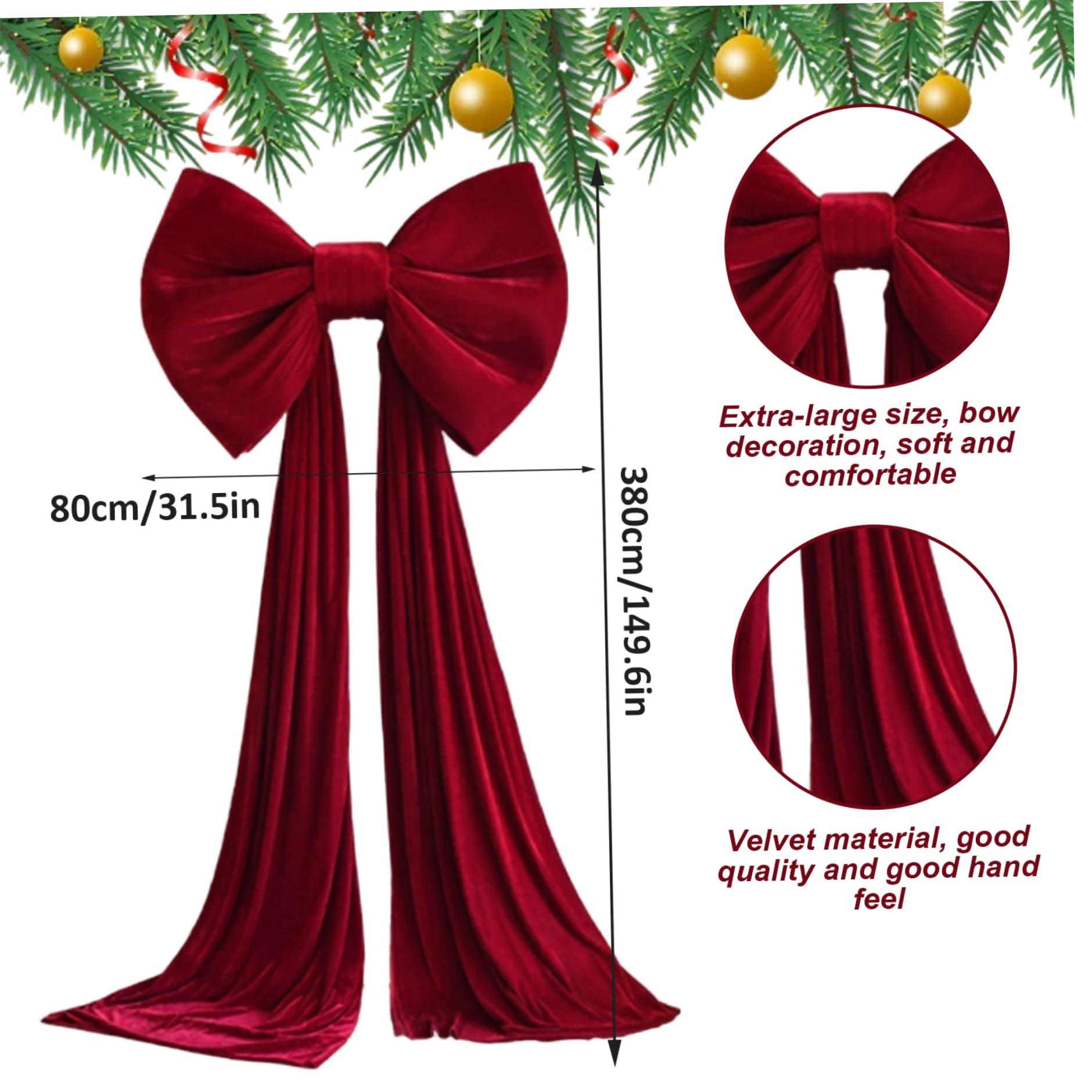 Nœud pour cimier d'arbre de Noël 149, 6 x 31, 5 Pouces, très Grand nœud Rouge, Ruban décoratif pour Mariage, Noël, fête d'anniversaire, Toile de Fond Murale