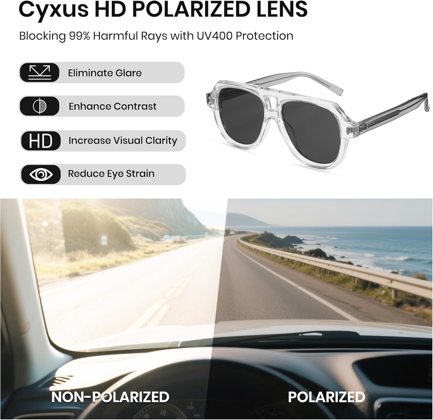 Cyxus Polarized Aviator Sunglasses for Women Men Anti Glare UV Protection for Driving Outdoor P1336 - Image 2