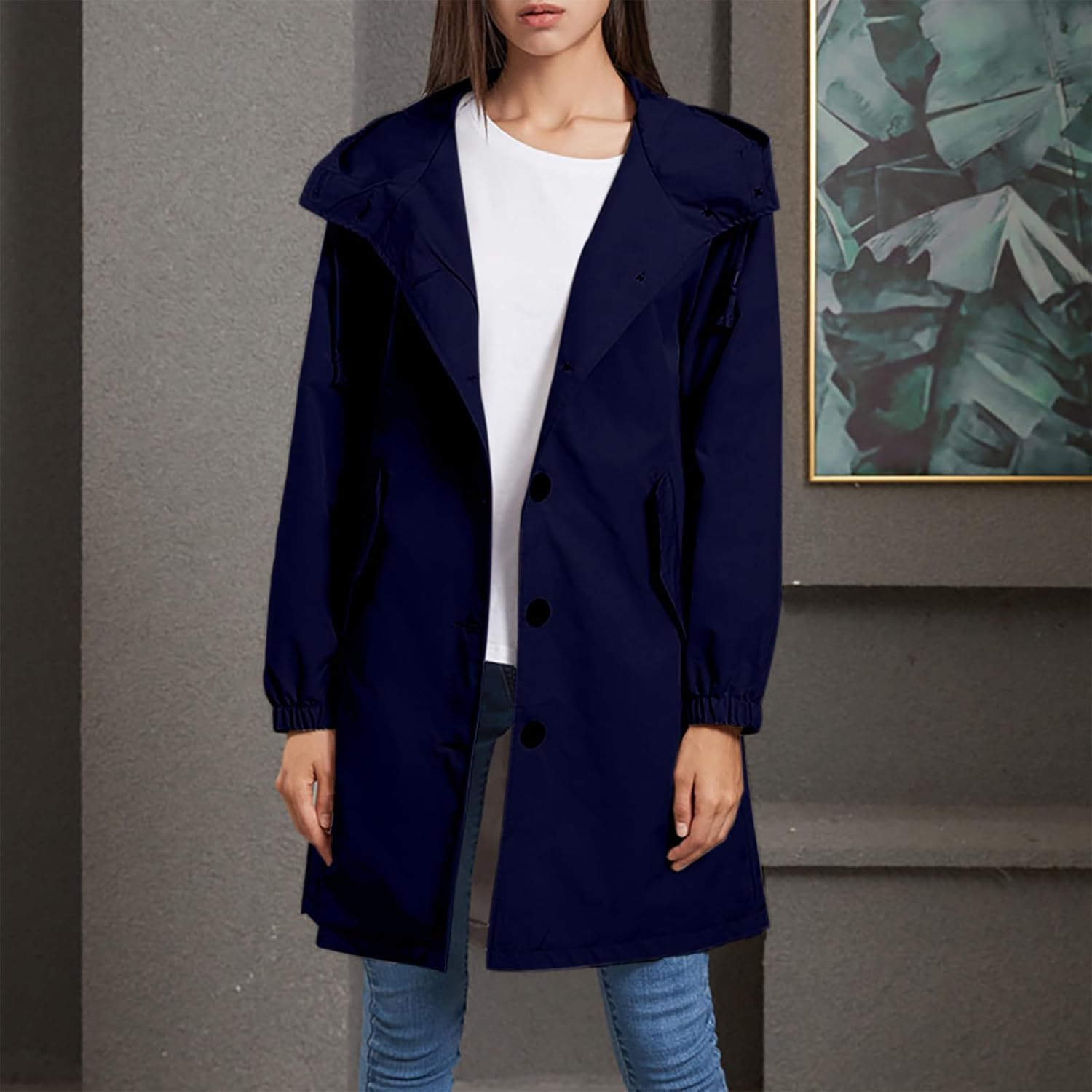 YRAETENM Long Packable Rain Jacket Women Waterproof Lightweight Anorak Rain Coats Hooded Outdoor Windbreaker Travel Jackets