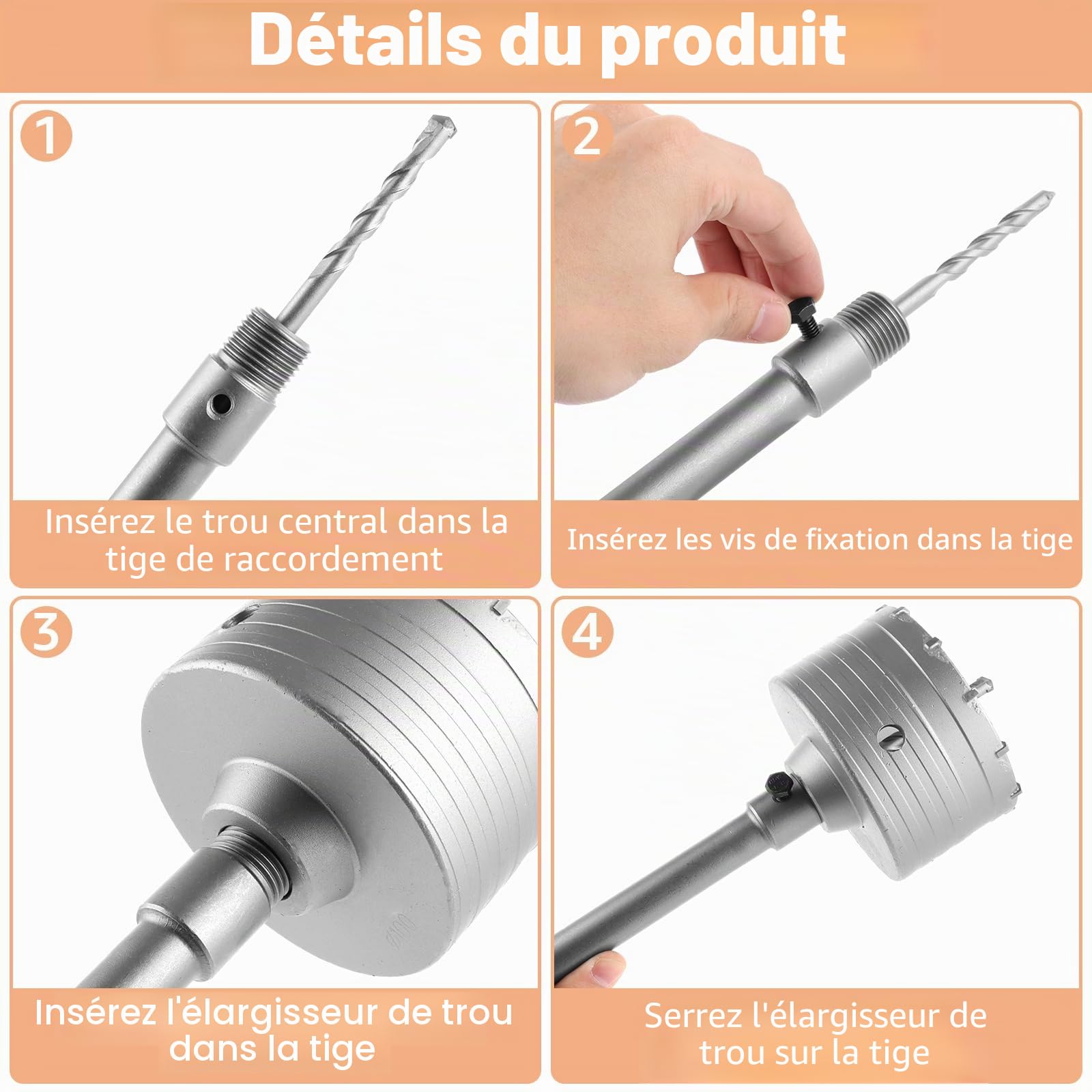 MIVIDE Couronne de Forage de 100 mm avec Adaptateur SDS plus de 220 mm et Foret de Centrage, Couronne de Forage de 100 mm Résistante aux Chocs pour Maçonnerie, Béton