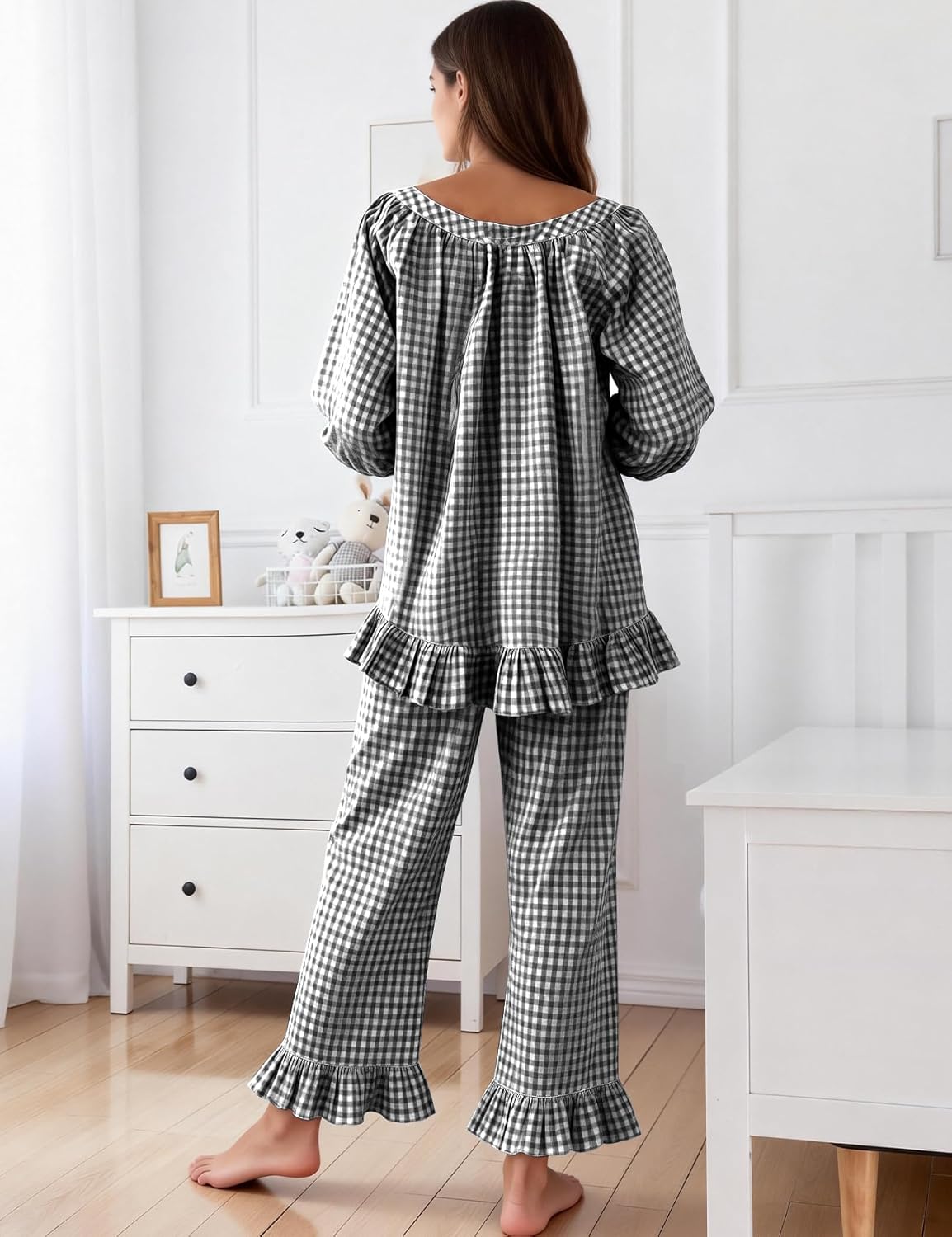 Flygo Womens Plaid Pajamas Sets 2 Piece Cotton Pj Set Puff Sleeve Ruffle Babydoll Shirt Gingham Pants Lounge Sets - Image 3