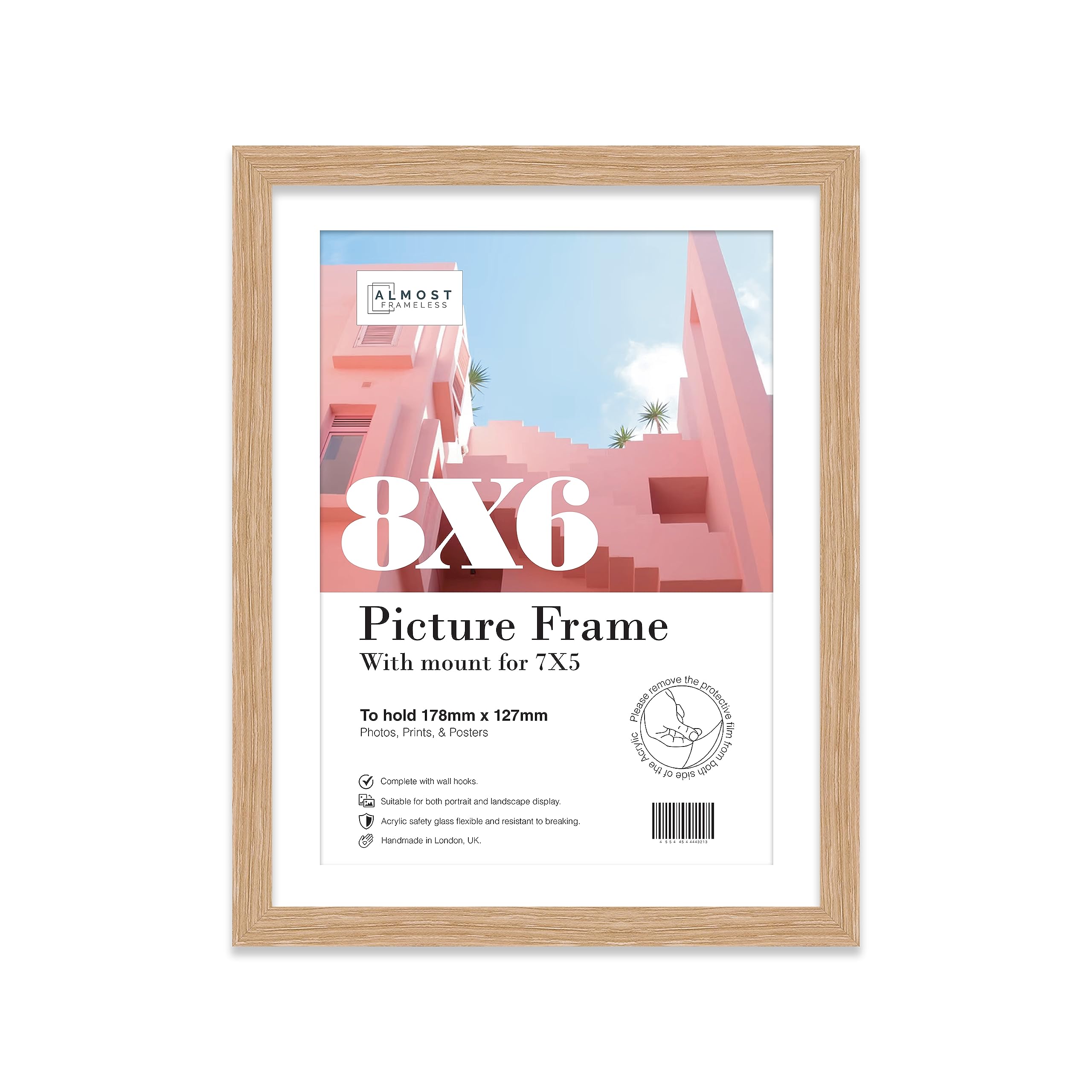 Almost Frameless 8x6 Oak Picture Frame With Mount for 7x5 Print, Poster or Photo Poster, Photo, Artwork, or Print. Thin Edge Slim Frame Portrait and Landscape Display with Wall Hooks