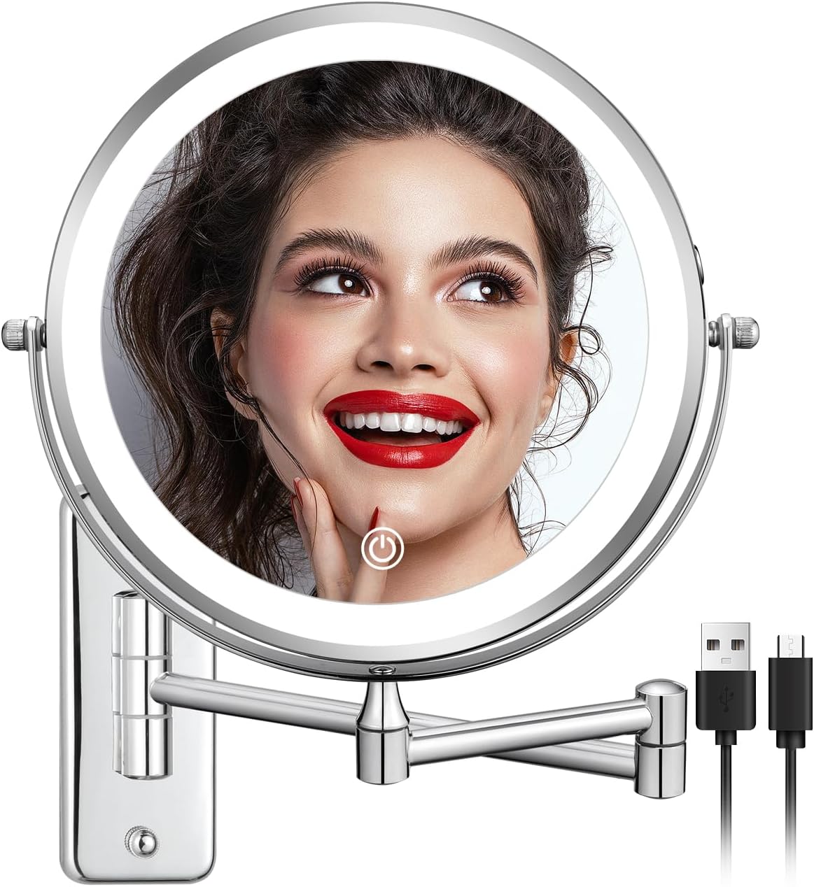 DECLUTTR Rechargeable Wall Mounted Makeup Mirror, 8 Inch 1X/10X Magnifying Mirror with 3 Color Lights, Dimmable LED Lighted Makeup Mirror with Double Sided