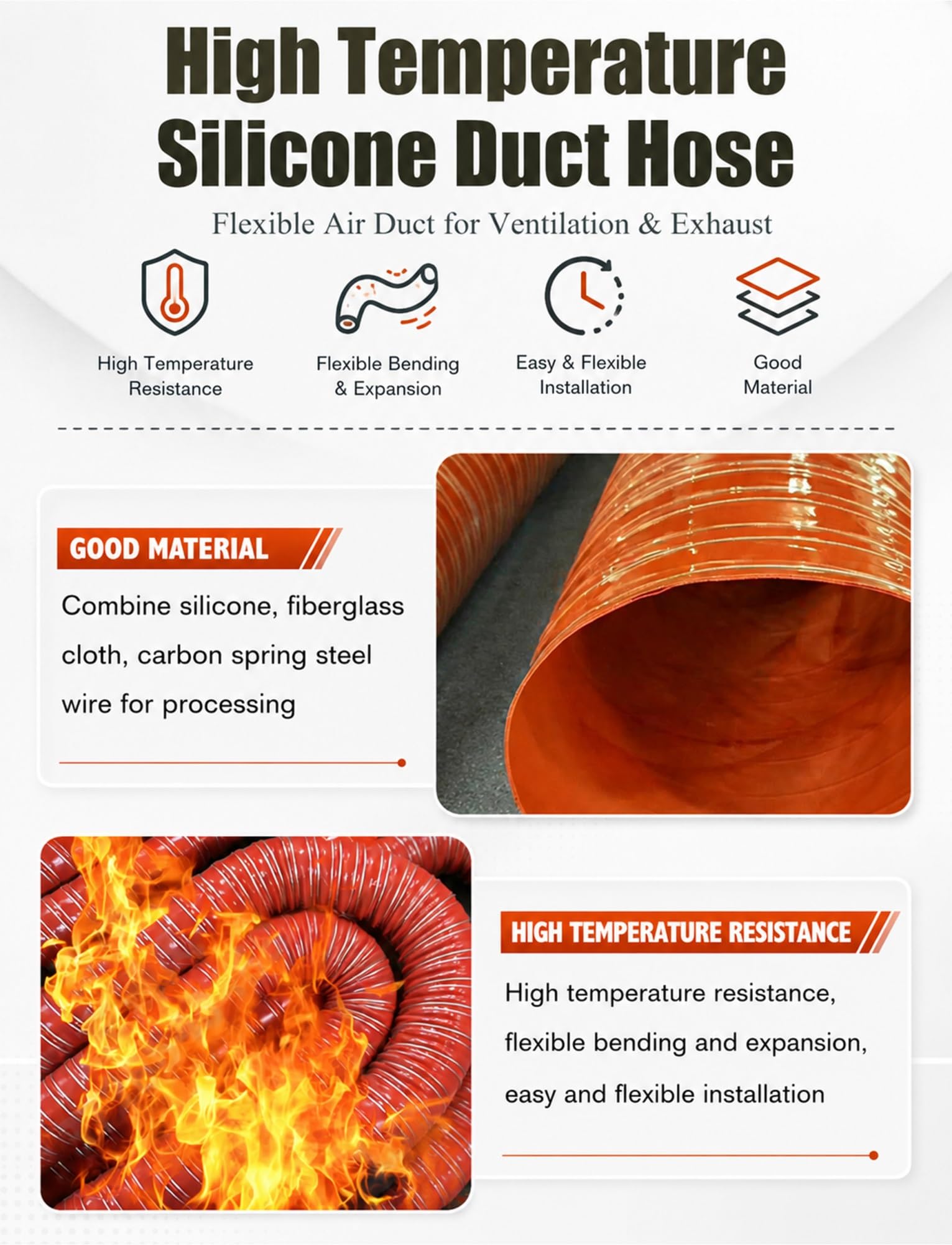 Manguera de silicona ignífuga reforzada con alambre de acero,conducto flexible de fibra de vidrio resistente al calor for extracción de humos industriales(7cm/2.76in,400cm/157.48in)