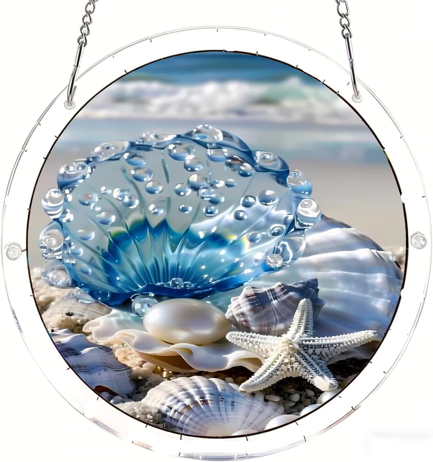 Shells and Starfish on The Beach Shell Acrylic Jigsaw Puzzles Suncatcher, 8.9 Inch Window Hanging Suncatcher Acrylic Puzzle, DIY Home Decor Art Gift