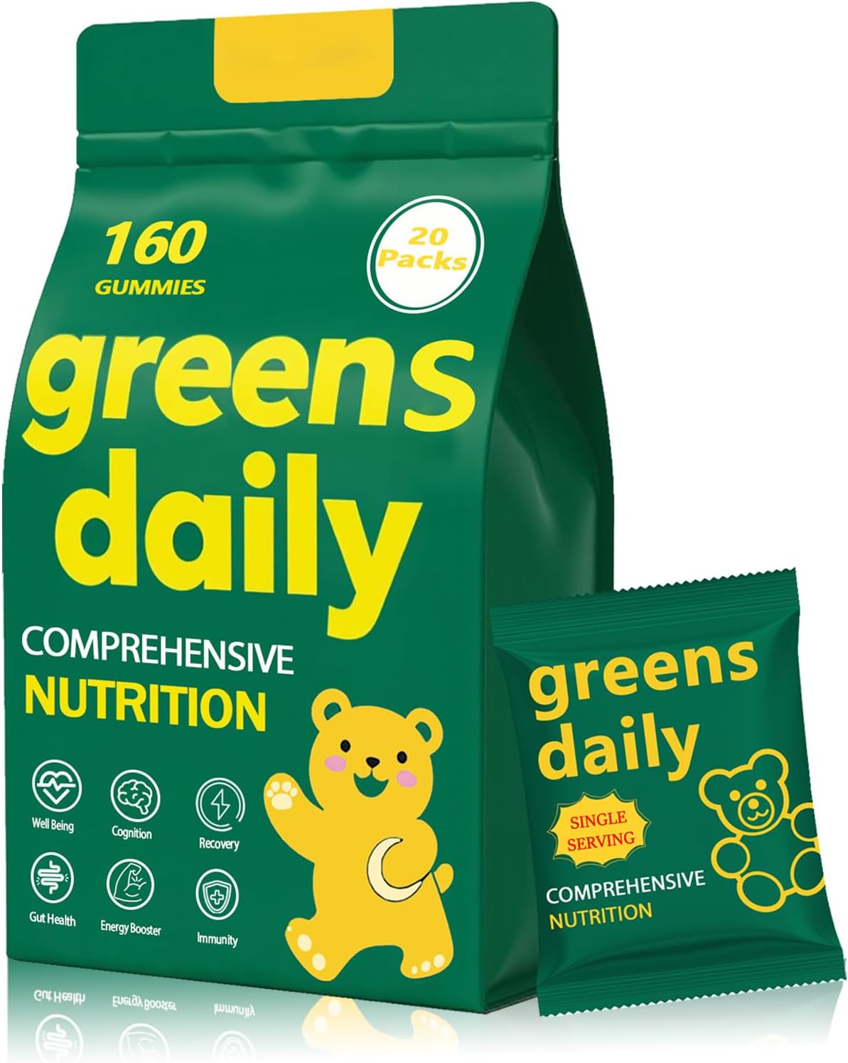 Greens Gummies, Daily Greens Gummies with Organic Chlorella and Spirulina, Digestive & Gut Health, Low Sugar, Formulated with 60+ Ingredients, Individual Packets,160 Gummies Bear