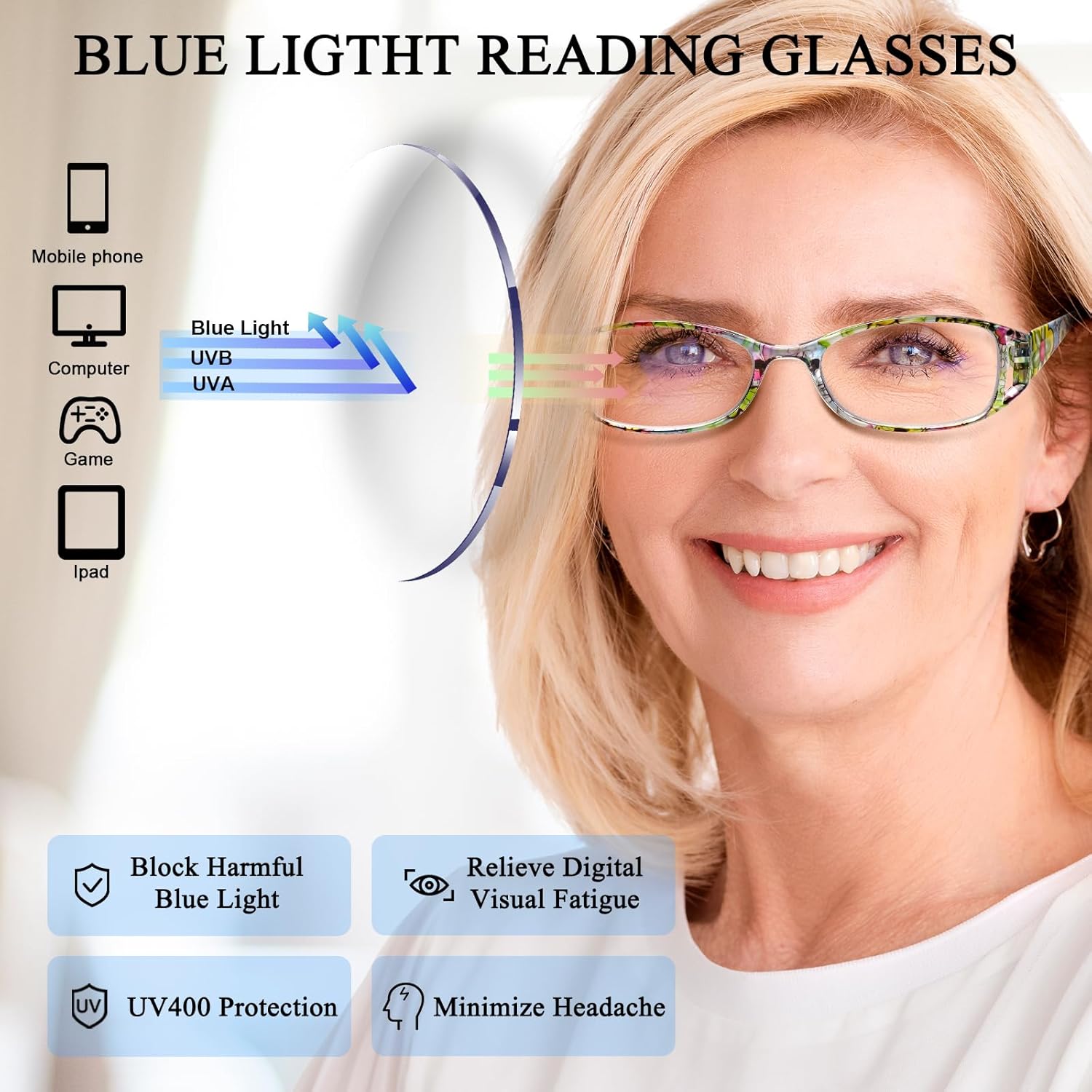 6 Pack Reading Glasses for Women, Blue Light Blocking Ladies Readers, Spring Hinge Fashion Pattern Print Eyeglasses - Image 3