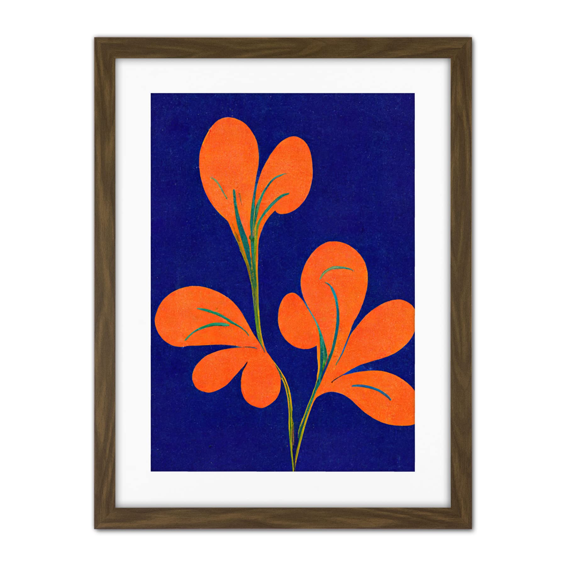 Doppelganger33 LTD Henri Matisse Inspired Bright Abstract Orange Flower Blooms On Royal Blue Artwork Framed Wall Art Print 18X24 Inch