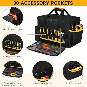 Tool Bag 15 Inch+Tool Belt Pouch (Black&Yellow),Tactical Range Tool Tote Bag,18-Pocket Magnetic Tool Pouch with Drill Holster,Tool Belt with Handle for Electrician Carpenter Construction Worker HVAC