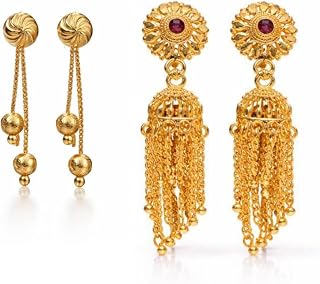Gold Plated Ball Drop Sui Dhaga Earrings and Pink Stone Dangler Jhumka Combo Set, Traditional and Modern Style, 2 Pairs Price In India
