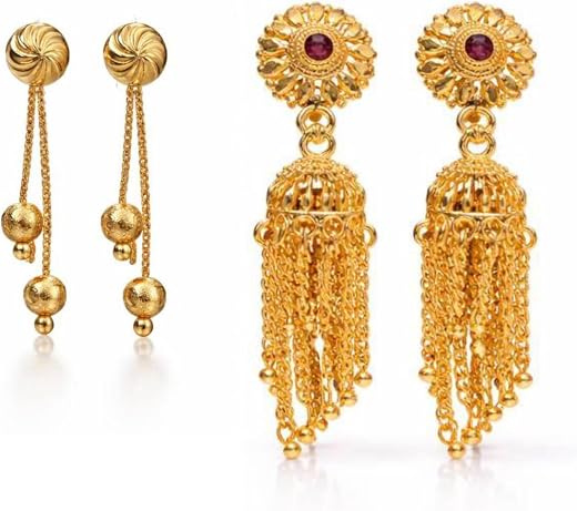Gold Plated Ball Drop Sui Dhaga Earrings and Pink Stone Dangler Jhumka Combo Set, Traditional and Modern Style, 2 Pairs