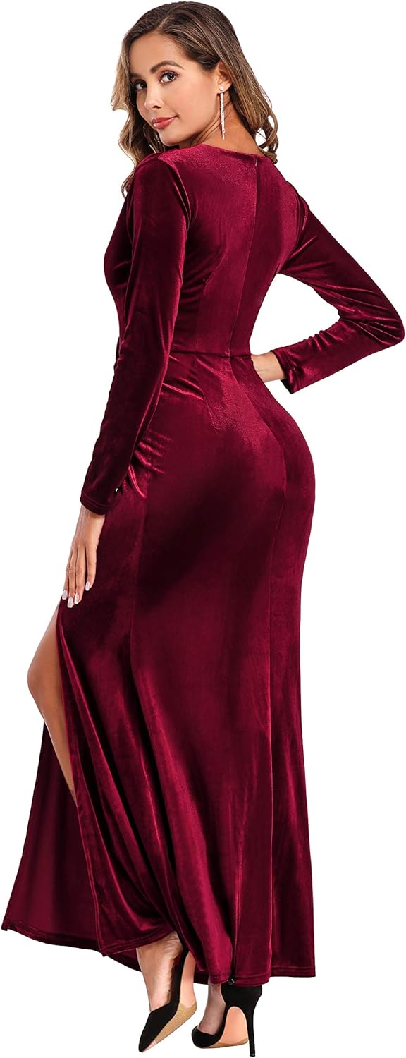 Ababalaya Long Sleeve Wrap Velvet Long Formal Dresses Cocktail Dress - Image 5