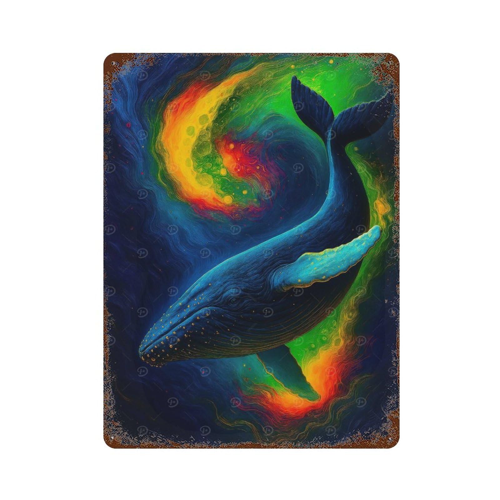 Aged Metal Wall Plaque with Cosmic Whale in Colorful Nebula Design 15.7"x11.8", for Pub, Kitchen And Man Cave Decor, Shabby Chic Decor