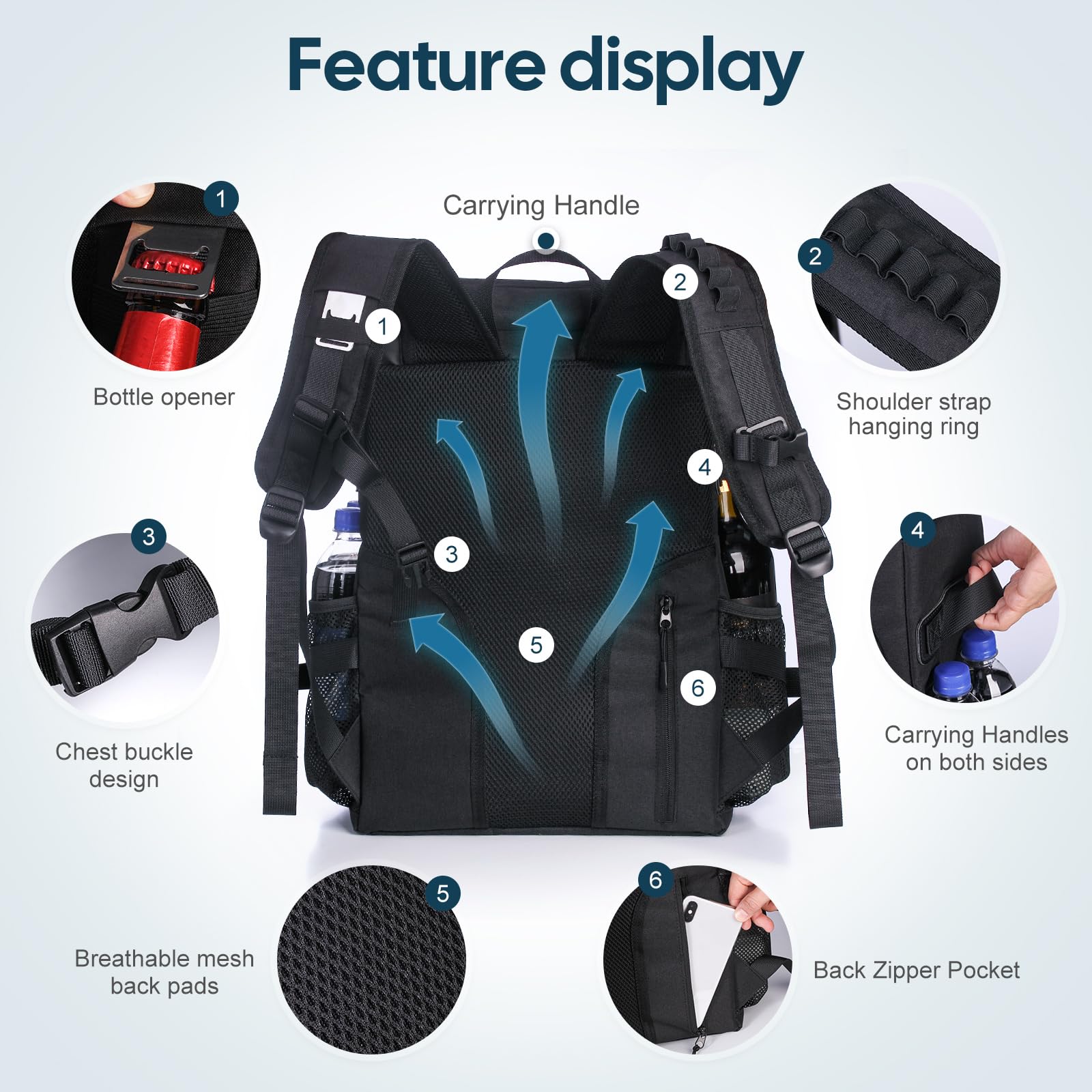 DEWUR Kühlrücksack 35L Thermo Rücksack Kühltasche Wasserdichter Picknickrücksack mit Flaschenöffner für Picknick Camping Strand Wandern Reisen Einkaufen Schwaz