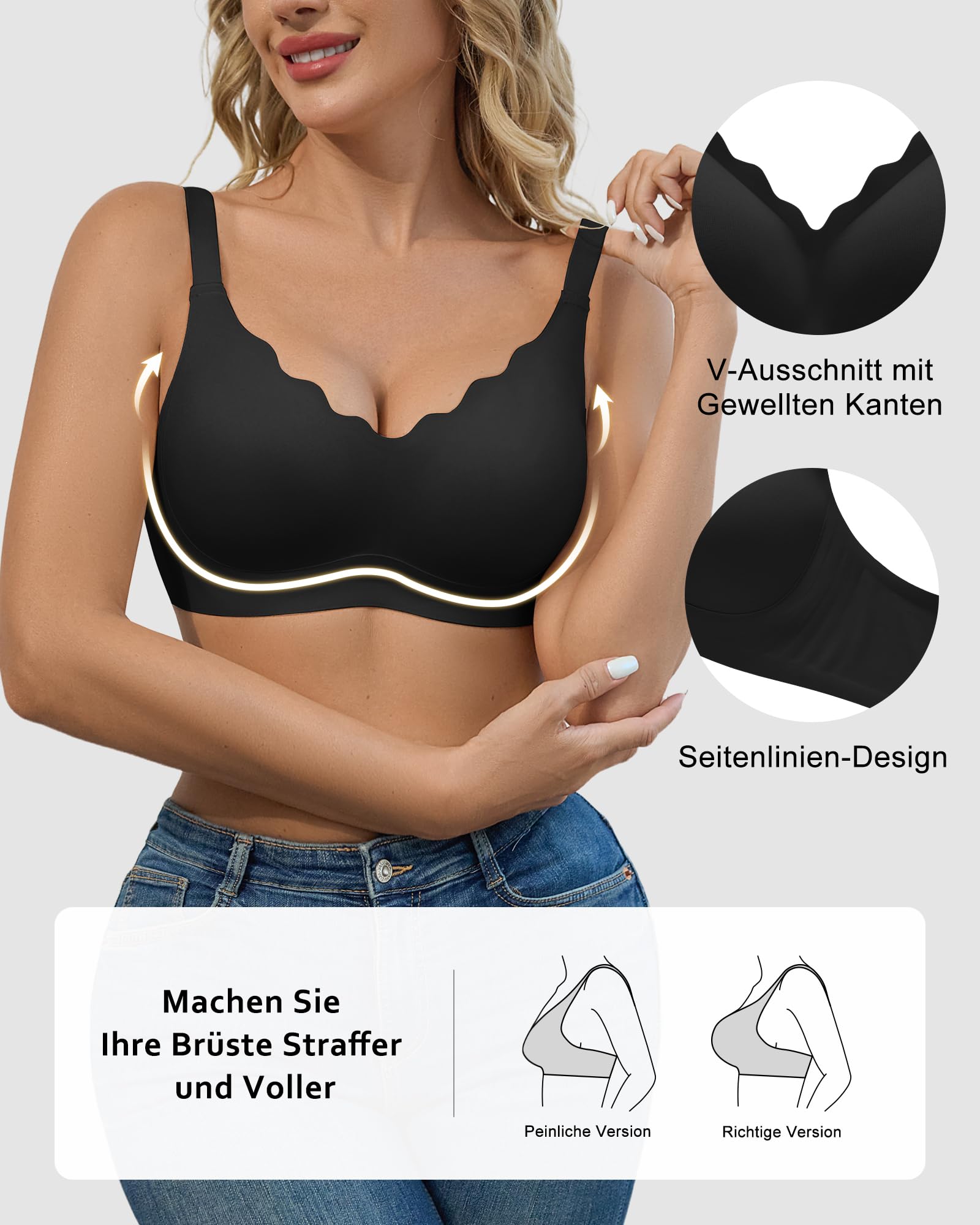 SHARICCA BH Damen Ohne Bügel - Nahtloser V Ausschnitt Gewellte Ränder Push Up BH Soft Atmungsaktiv Seamless Bustier Mit BH-Verlängerung