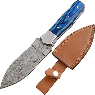 Wild Turkey Handmade Damascus Collection Sgian Dubh Durable Fixed Blade Hunting Knife - Genuine Leather Sheath Included (2140)