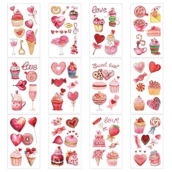 Watercolor Valentines Heart Temporary Tattoos, Sweet Love Theme with Cupcakes and Desserts,12 Sheets of Pink Treats & Cake Fake Tattoos for Women, Teens, Couples Party Body Art for Celebrations