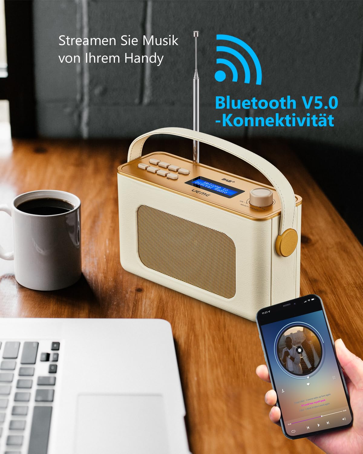 Tragbarer Retro Design DAB Plus/FM Radio, Bluetooth Lautsprecher DAB + Radio mit Wiederaufladbarer Lithium-Akku, Radiowecker, Starkem Empfang, Inklusive DC Netzkabel(Crème)