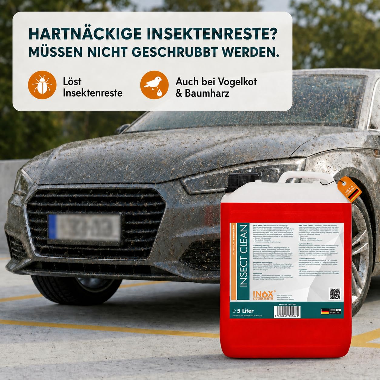 INOX Insektenentferner Auto & Motorrad 4x5L – auch bei Vogelkot | Entfernt Insekten & Baumharz – lösungsmittelfrei, sicher für Lack, Chrom, Glas & Kunststoff