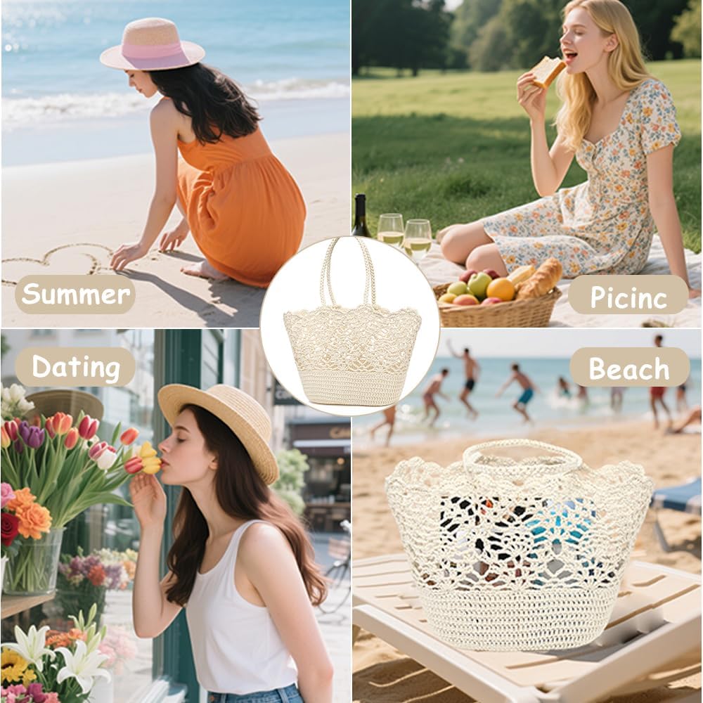 Large Woven Beach Tote Bag for Women Durable Summer Purse Cotton Sturdy Crochet Shoulder Handbag