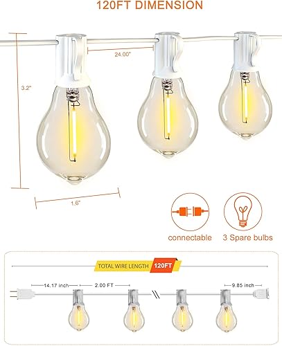 Miniatura 14 de DAMAING Tira de luces LED de 200 pies para exteriores con 100+5 bombillas LED Edison inastillables A39, resistente al agua, de grado comercial