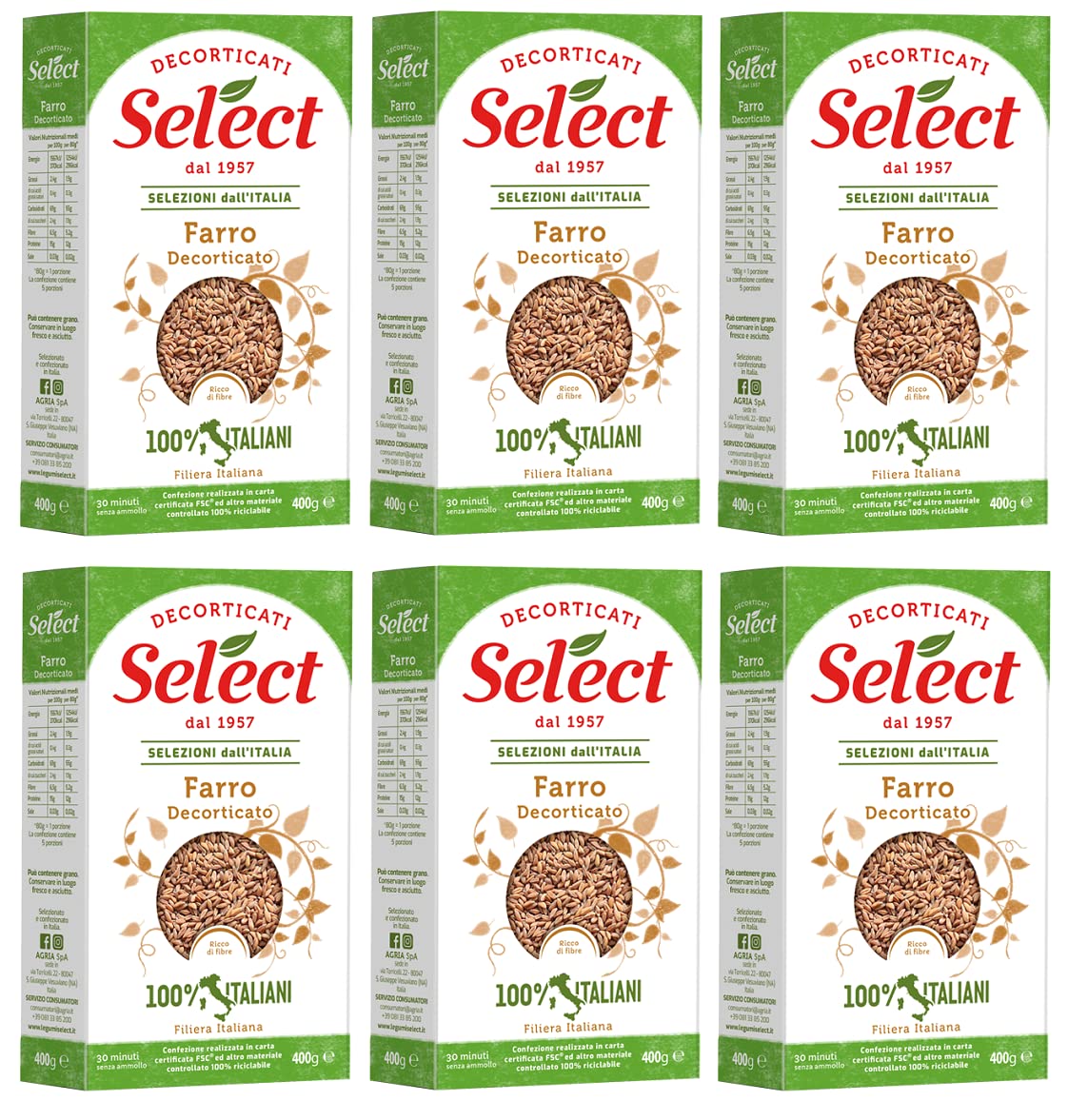 6x Select Farro Decorticato Geschälter Dinkel 100% Italienische Hülsenfrüchte Papier Verpackung von 400g