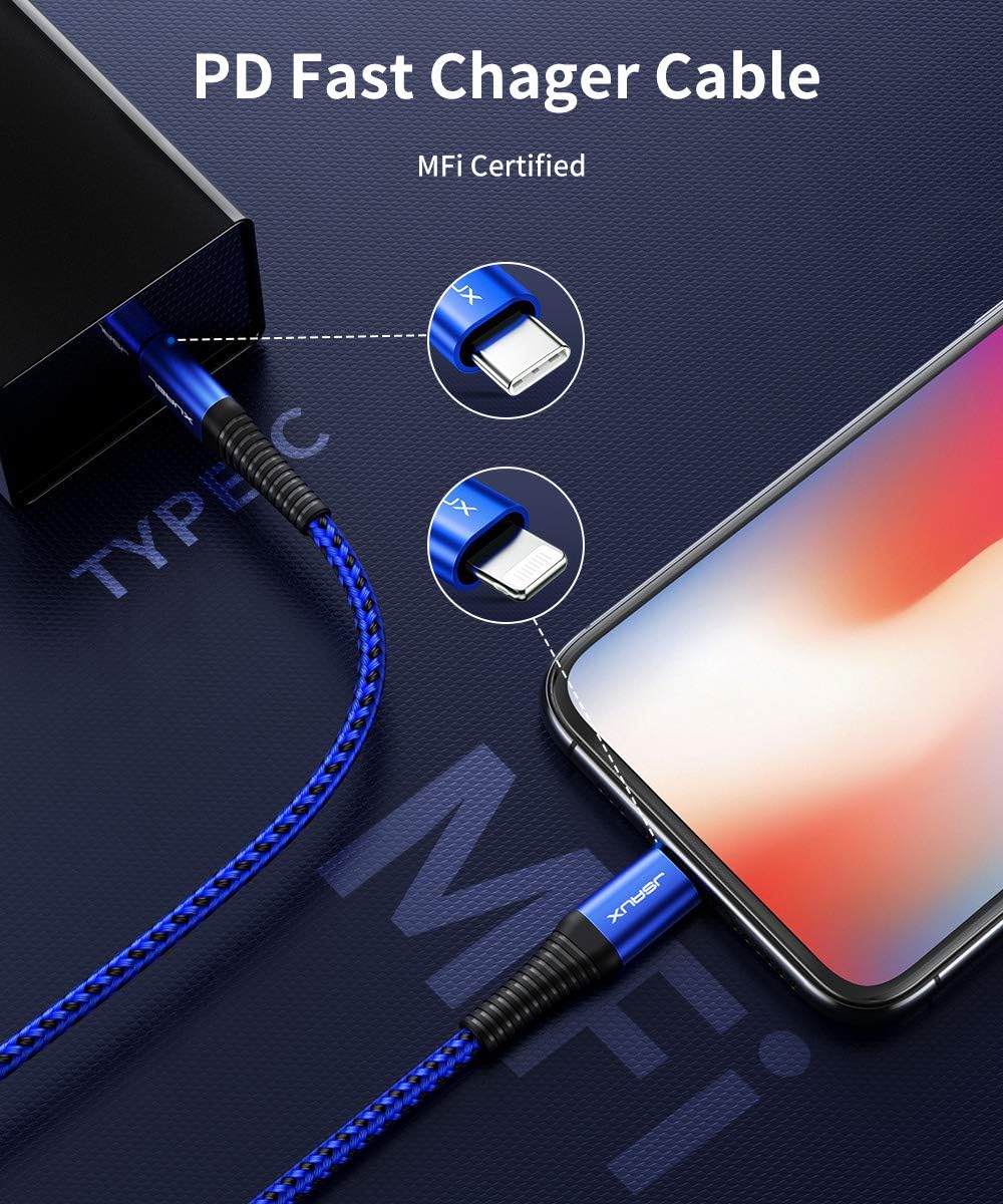 JSAUX USB-C to Lightning Fast Charging Cable 6ft, [Apple MFi Certified] PD Fast Charger Compatible with iPhone 13/13 mini/13 Pro Max/13 Pro, 12/12 Pro Max/Mini, X, XR, Supports Power Delivery-Blue