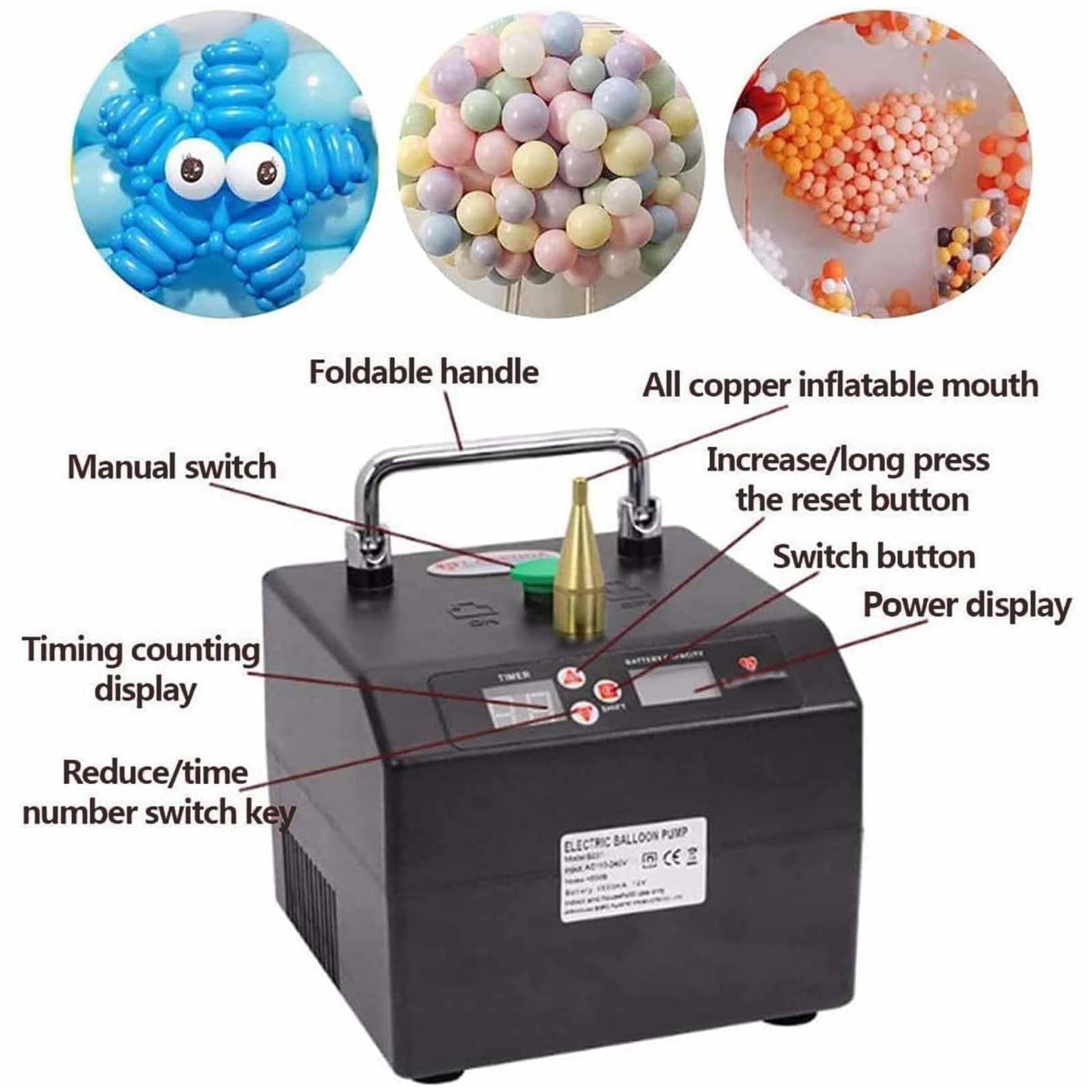 Pompa Ad Aria per Palloncini Elettrica, Pompa per Palloncini Elettrica Portatile Gonfiatore per Palloncini Conteggio Tempi del Ventilatore d'Aria per Feste, Display Digitale, Facile da Trasportare