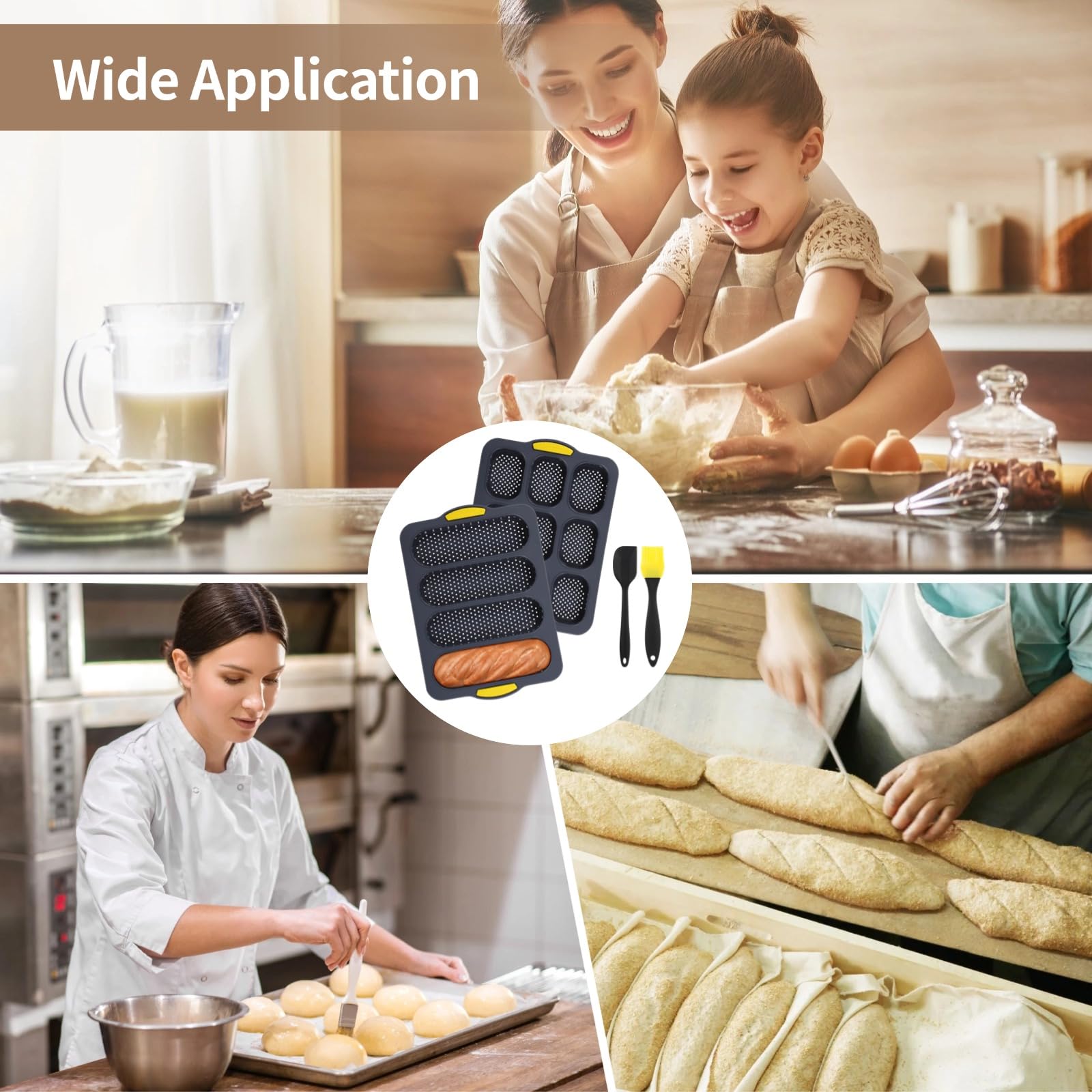 Lot de 4 moules à baguette en silicone, moules à pain français perforés à 9 et 4 cavités, moules de cuisson antiadhérents en silicone, avec spatule et pinceau à huile, pour pain et pâtisserie
