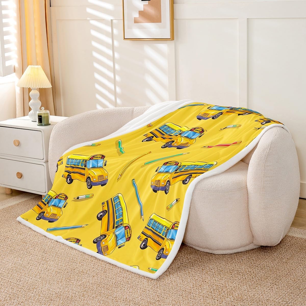 Erosebridal School Bus Sherpa Blanket Baby Size, School Truck Fleece Blanket for Kids Boys Girls Teens Bedroom Decor, Cartoon Car Theme Fuzzy Plush Throw, Yellow Decor for Sofa Couch