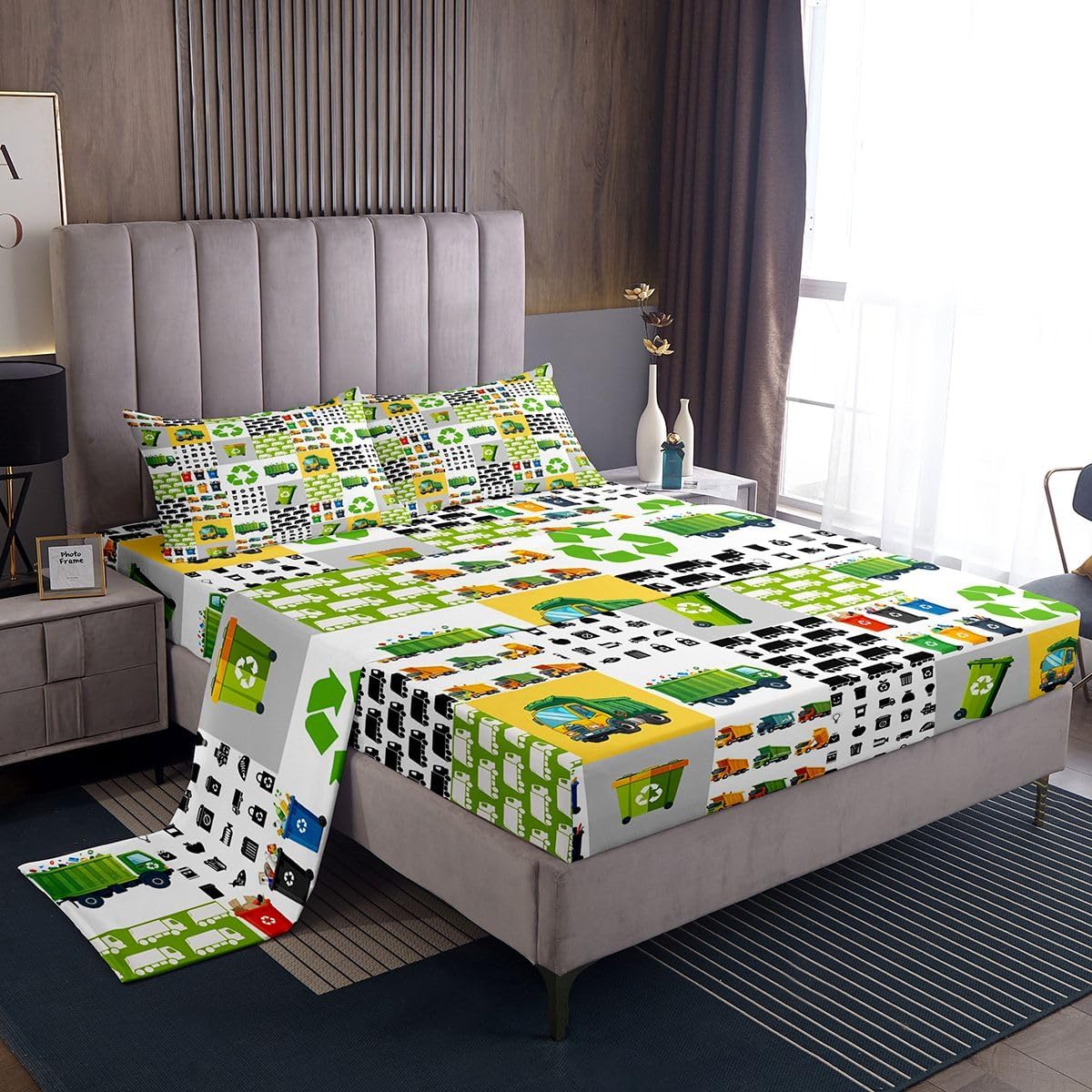 Green Garbage Truck Sheet Set Cartoon Trash Truck Bed Sheets Set Garbage Truck Toy Print Sheets with Deep Pocket Fitted Sheet Vehicle Car Bedding Set Geometric Plaid Bedroom Decor 4Pcs Queen Size