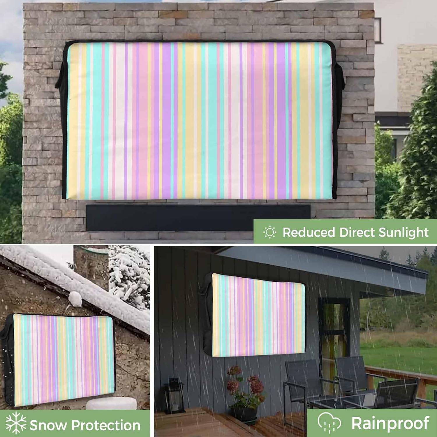 Outdoor TV Cover 85 Inch Colorful Stripes TV Enclosure Classic Striped TV Covers for Outside TV Display Screen Protector with Remote Control Pocket Home Decor