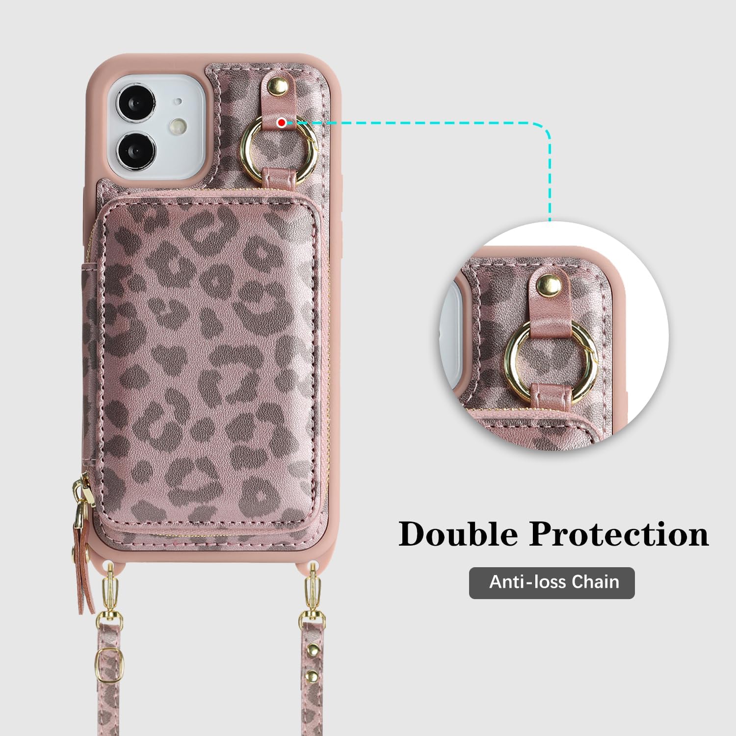 Cavor for iPhone 12 Wallet Case with Card Holder for Women Men, for iPhone 12 Pro Case with Strap, Crossbody Lanyard Phone Case, Magnetic Detachable Compatible with Magsafe-Rose Gold Leopard
