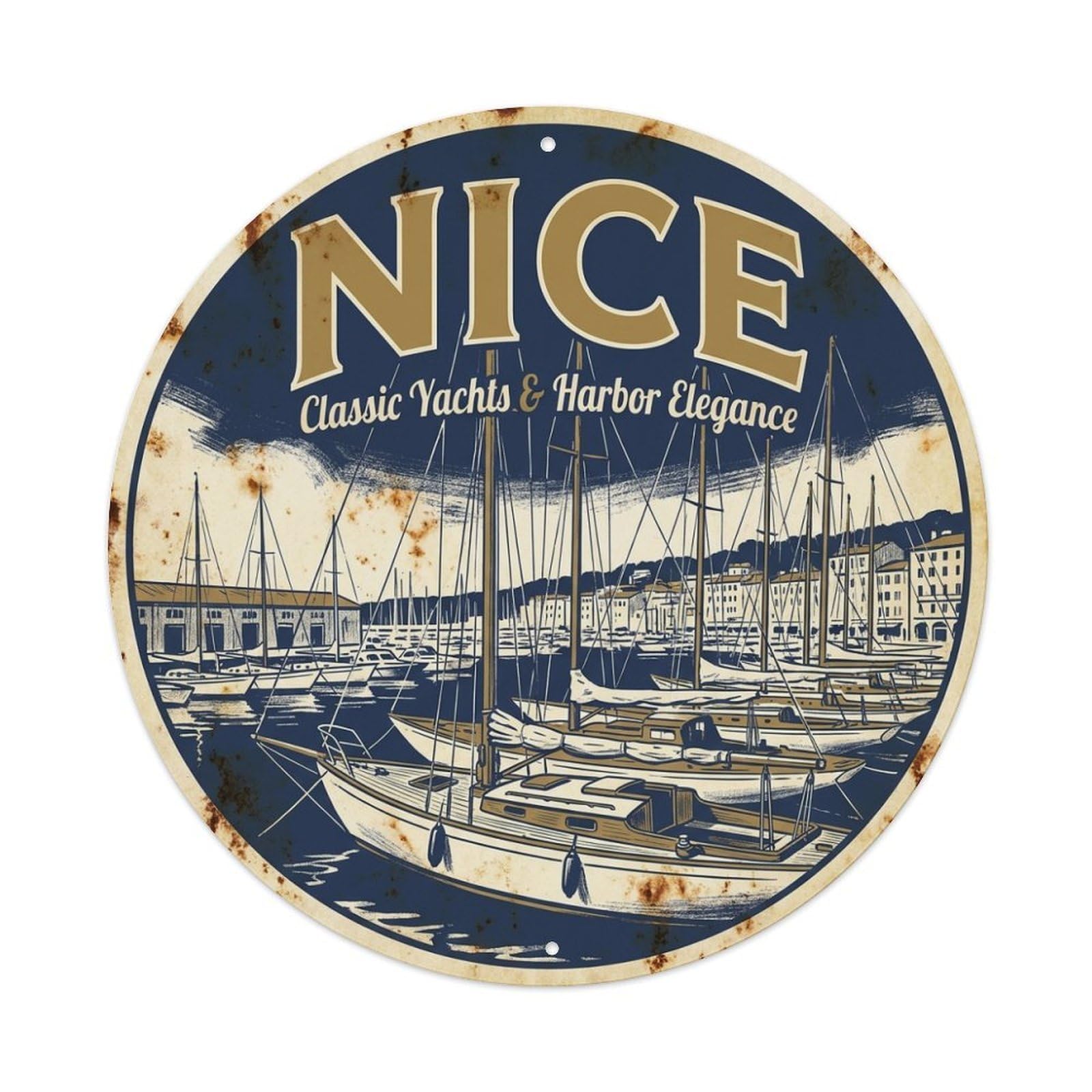 Nice Classic Yacht Harbor Elegance Coastal Route Travel Metal Tin Sign