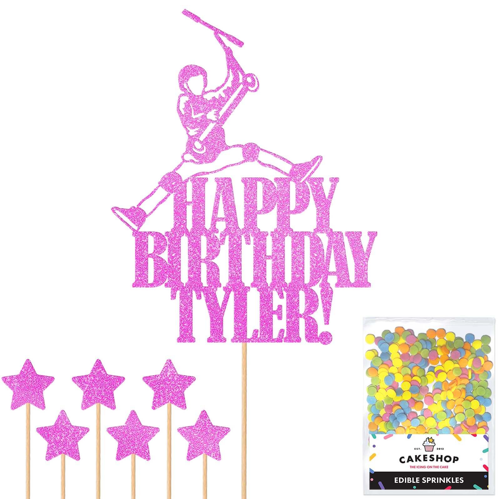 Personalised No Footer Trick Stunt Scooter Glitter Cake Topper - Light Pink Custom Name Glitter Cake Decoration and Sprinkles - Happy Birthday Decorations - Personalised Toppers for Cakes by Cakeshop — image 1