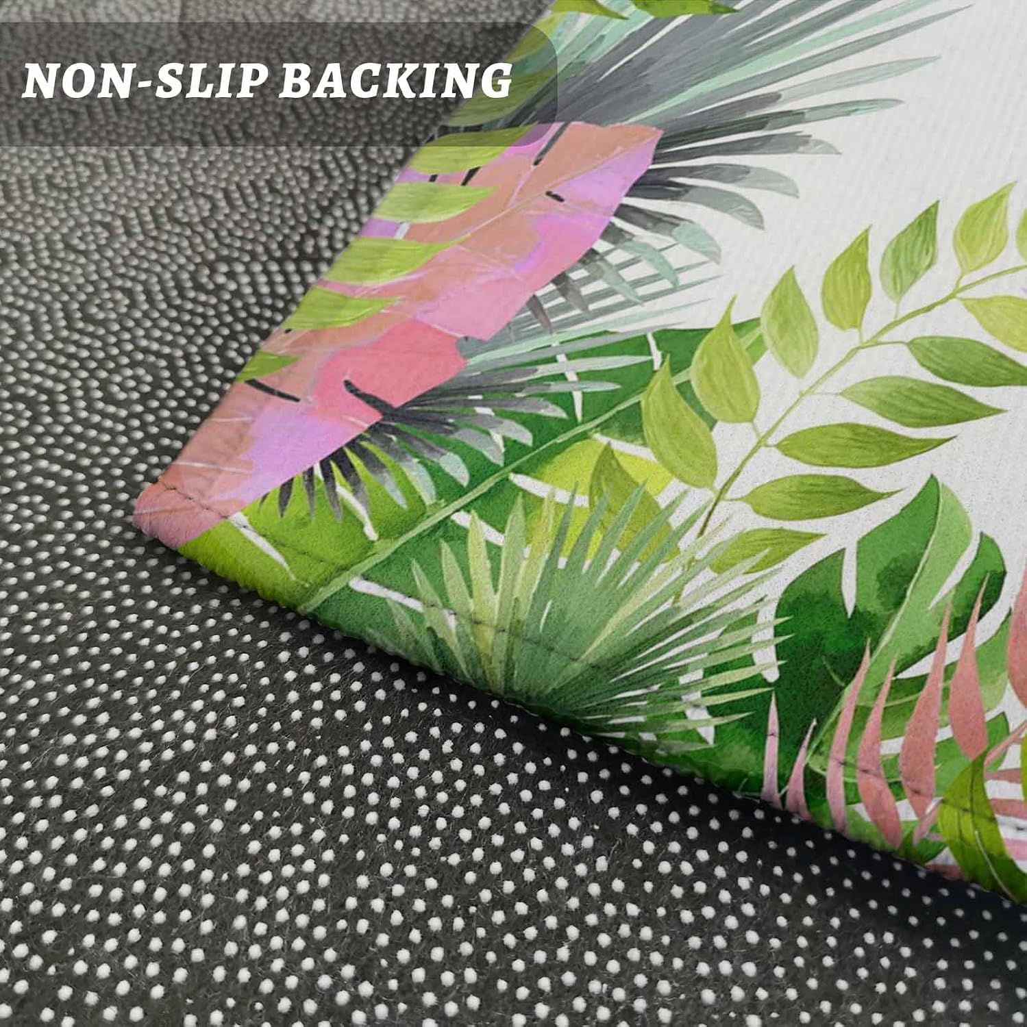 Teamery Kitchen Mats for Floor Watercolor Monstera Palm Leaves Washable Non Slip Kitchen Rugs 1PCS, Tropical Plant Green Pink Absorbent Standing Mats for Sink Bathroom Office Living Room 15.7x47.2in