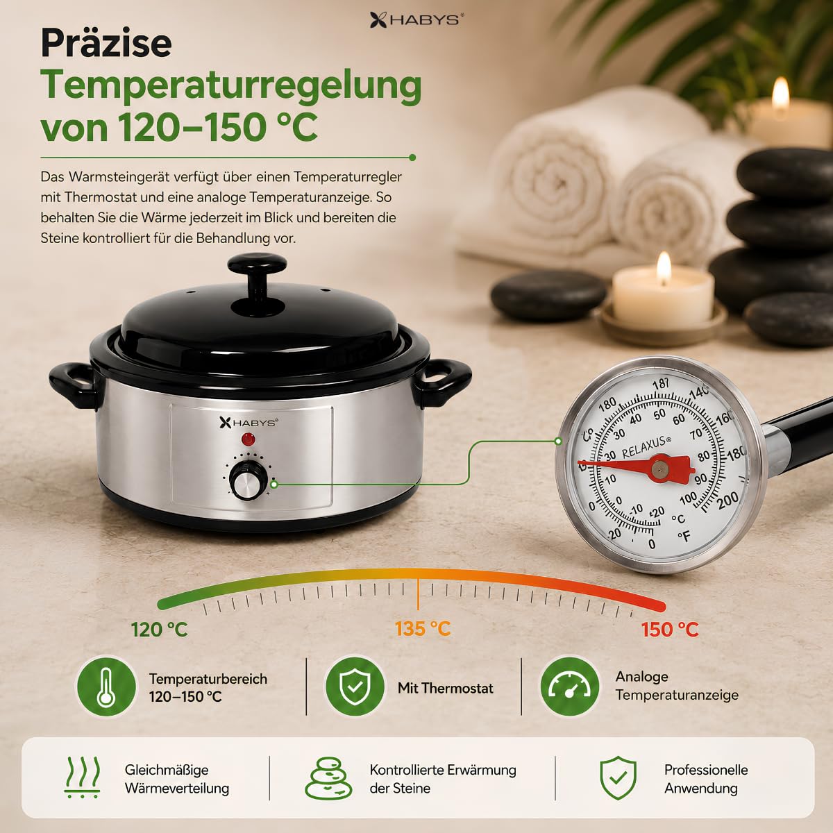Hot Stone Wärmegerät 6 Liter aus Edelstahl | Temperaturregler für Massage und Therapie, Analog Kontrolle, Thermometer und Schöpfkelle